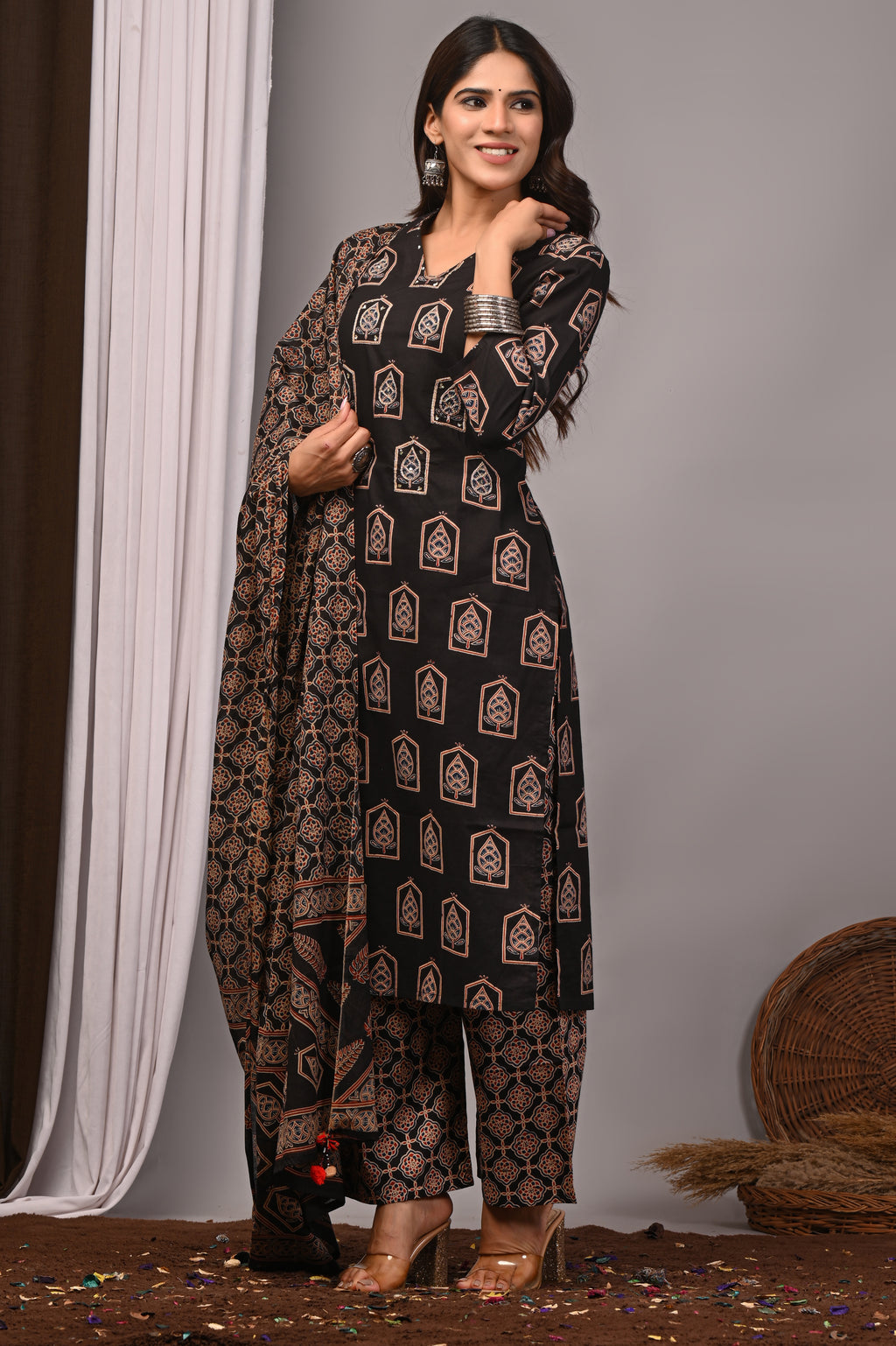 Jet Black Sanganeri Cotton Jharokha Kurta Palazzo Set