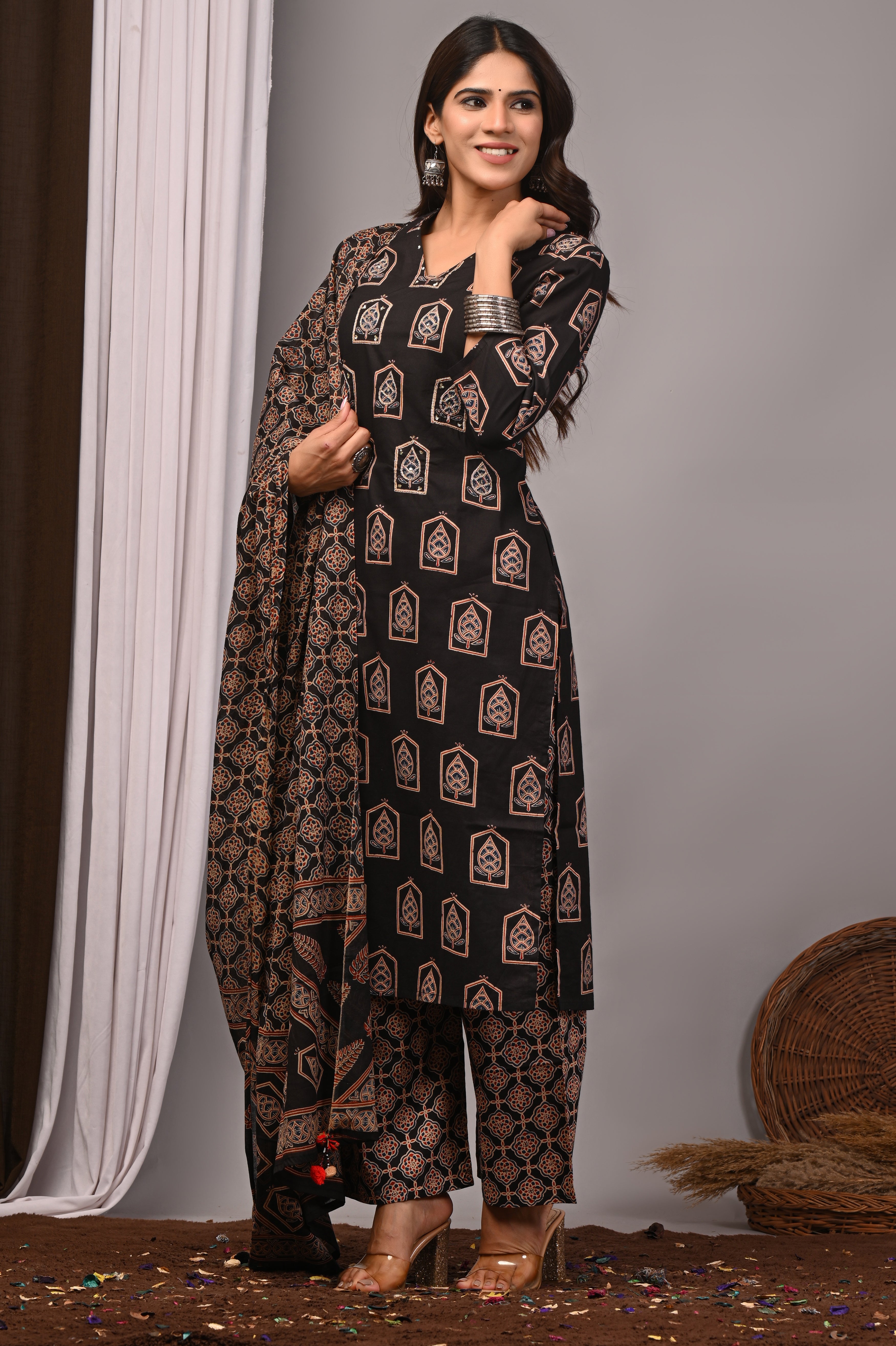 Jet Black Sanganeri Cotton Jharokha Kurta Palazzo Set
