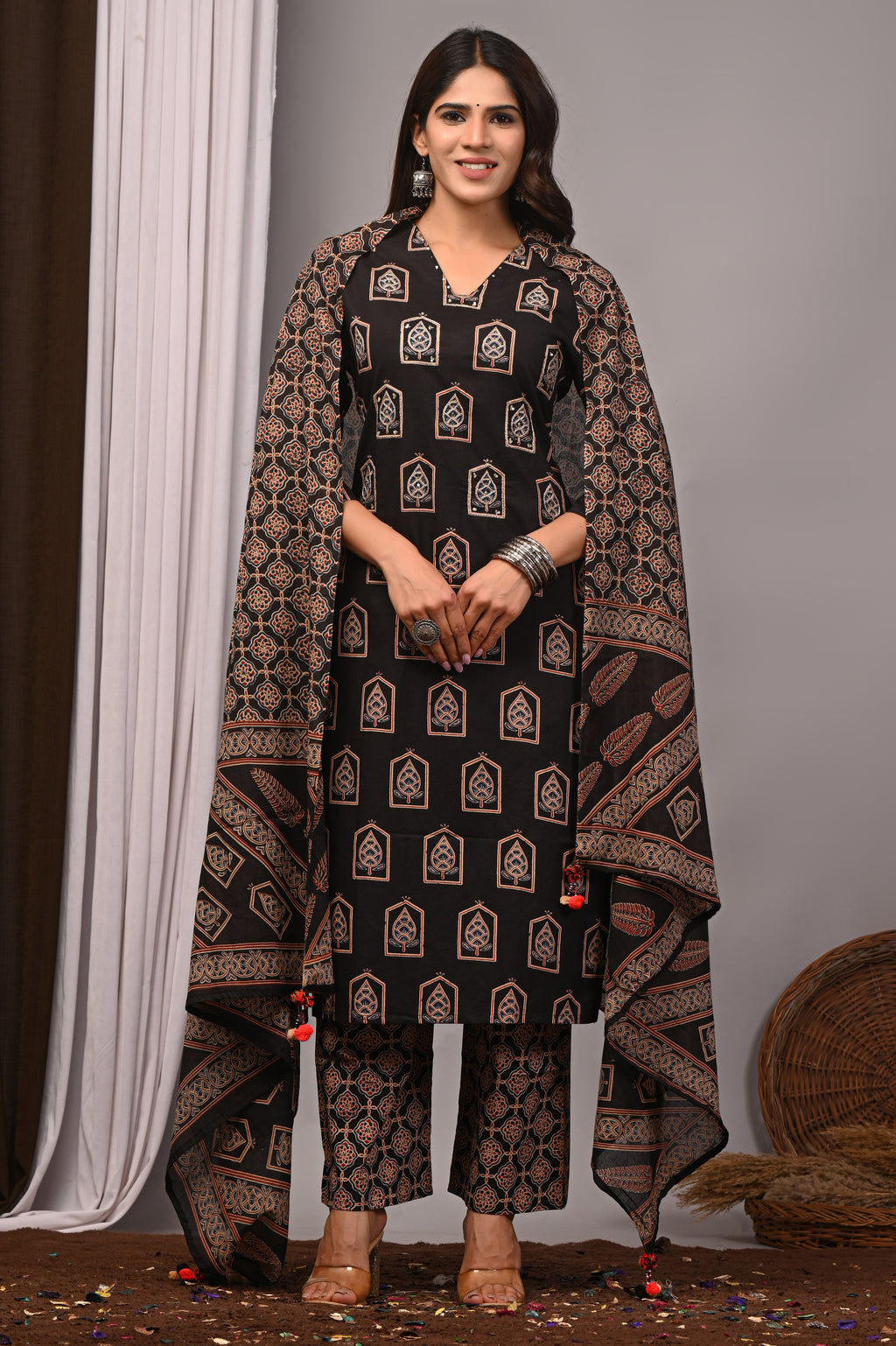 Jet Black Sanganeri Cotton Jharokha Kurta Palazzo Set