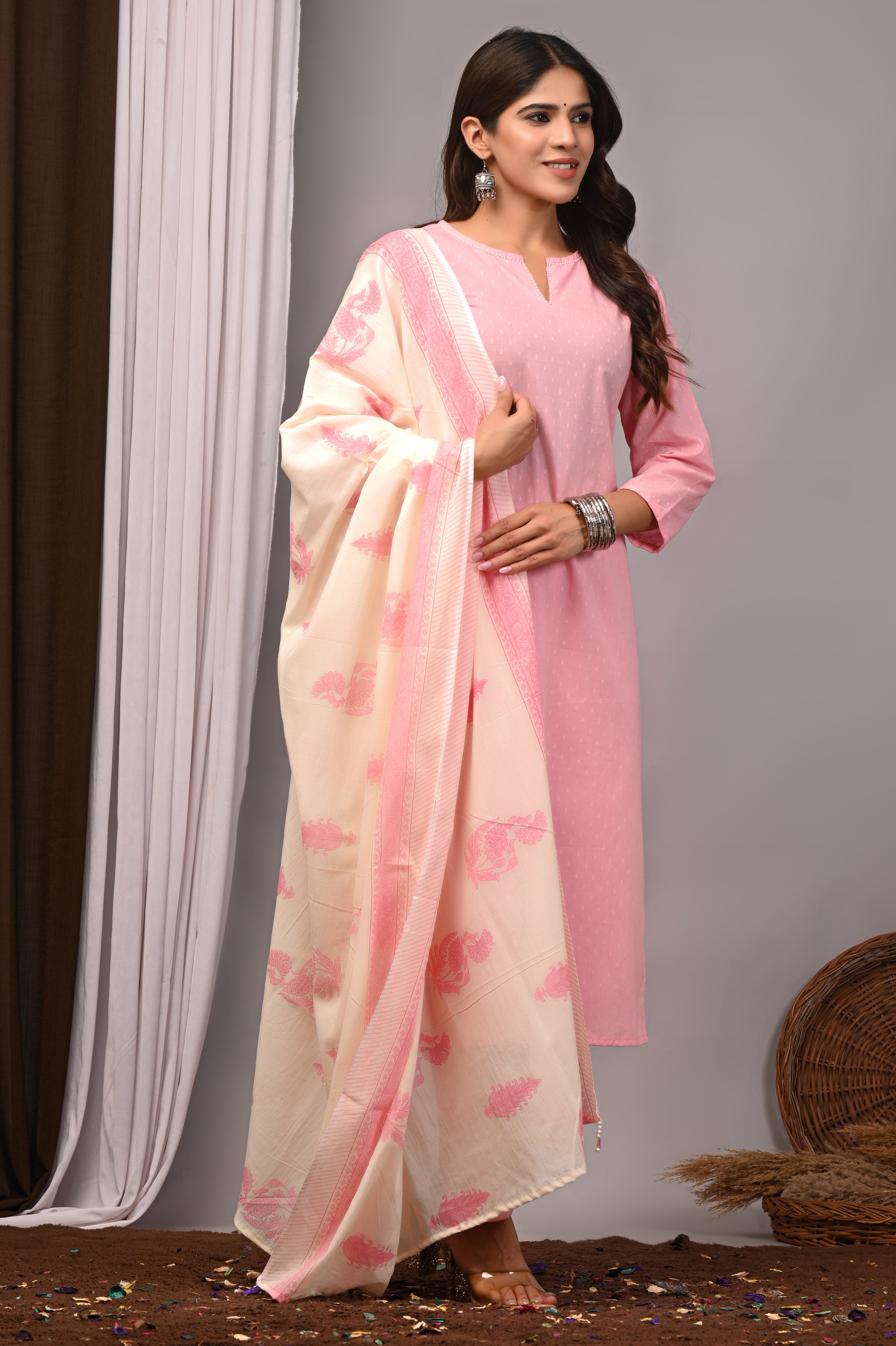 Blush Orchid Pink Self-Embroidered Cotton Straight Set