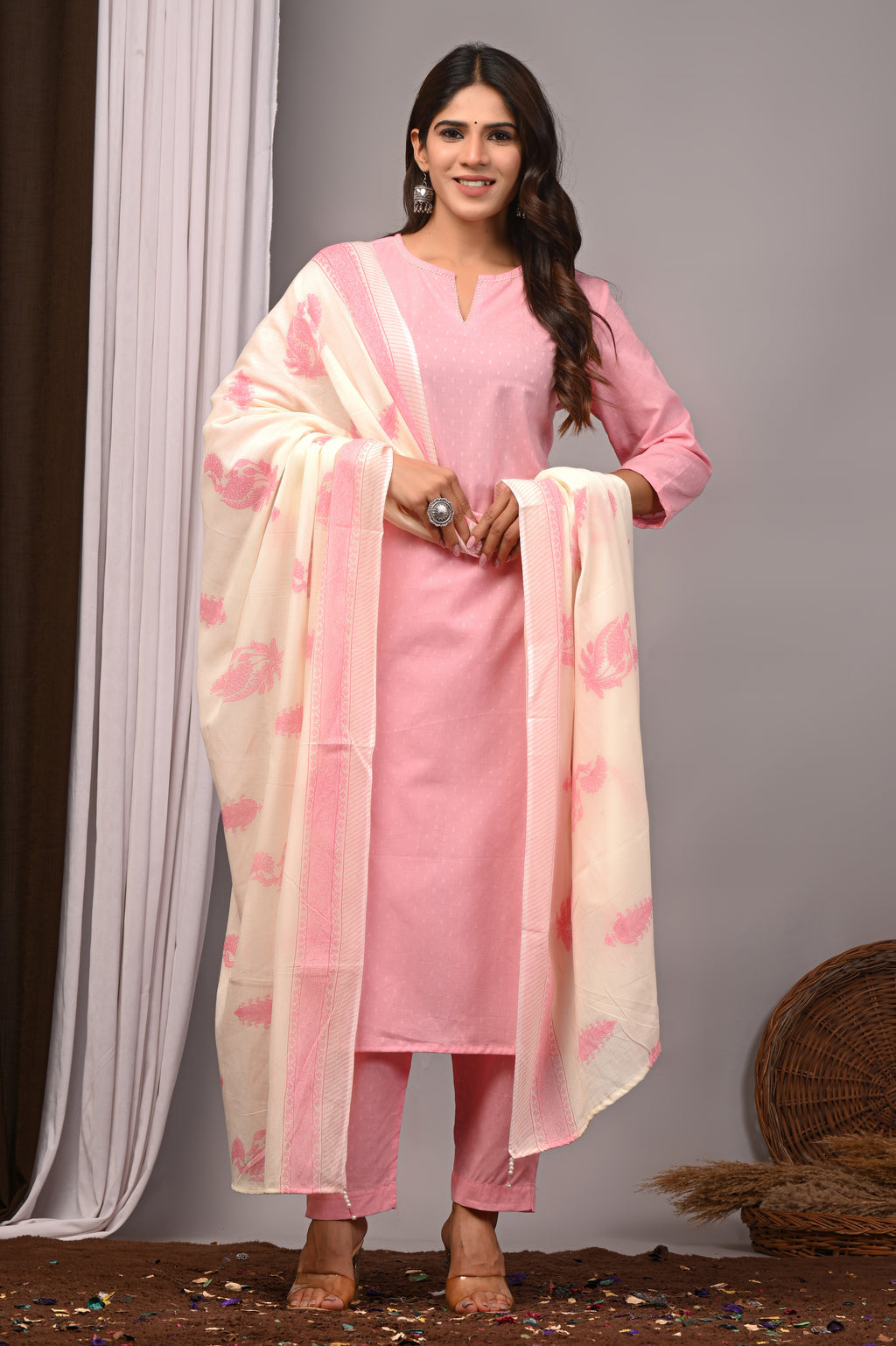 Blush Orchid Pink Self-Embroidered Cotton Straight Set