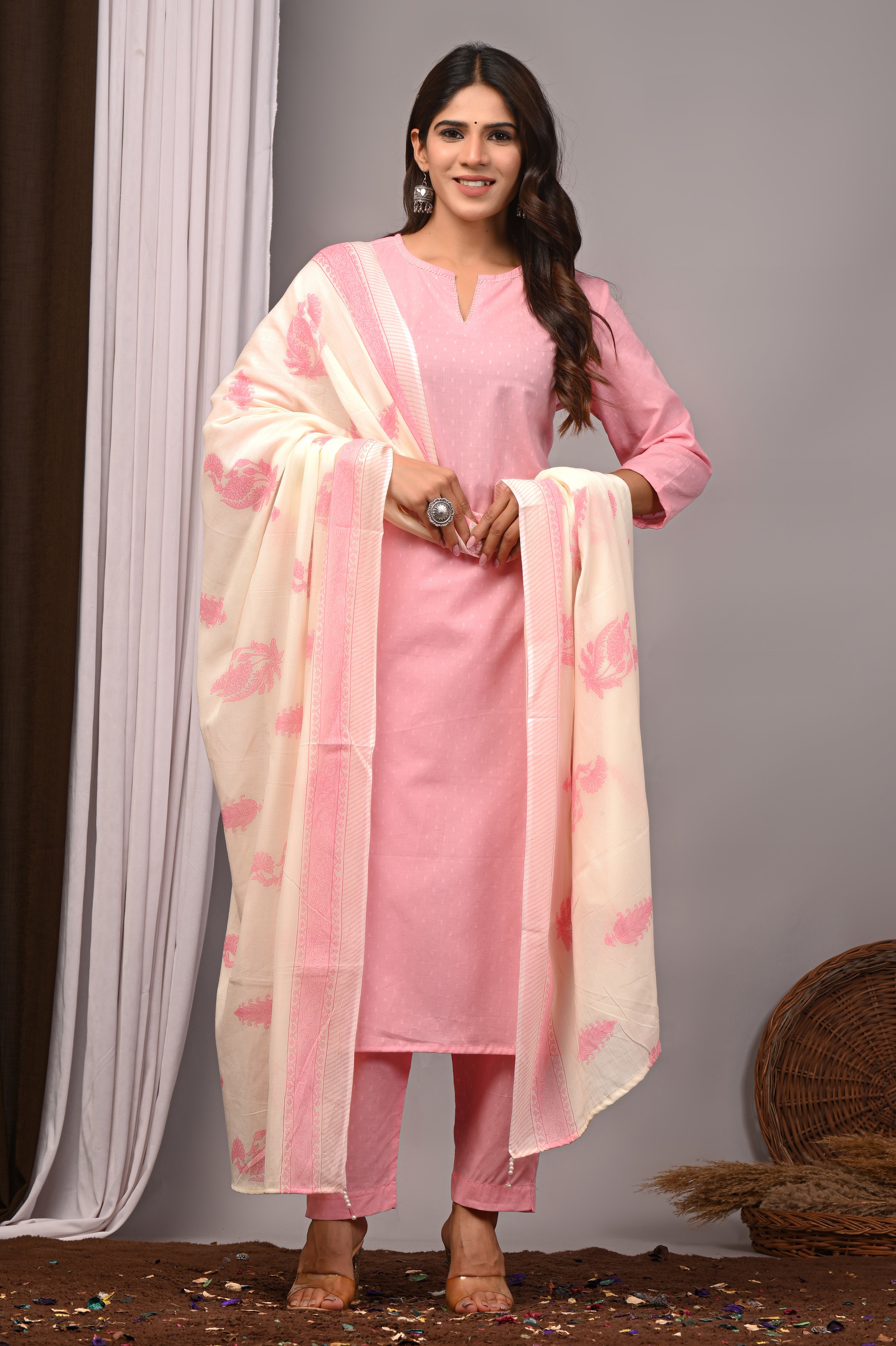 Blush Orchid Pink Self-Embroidered Cotton Straight Set