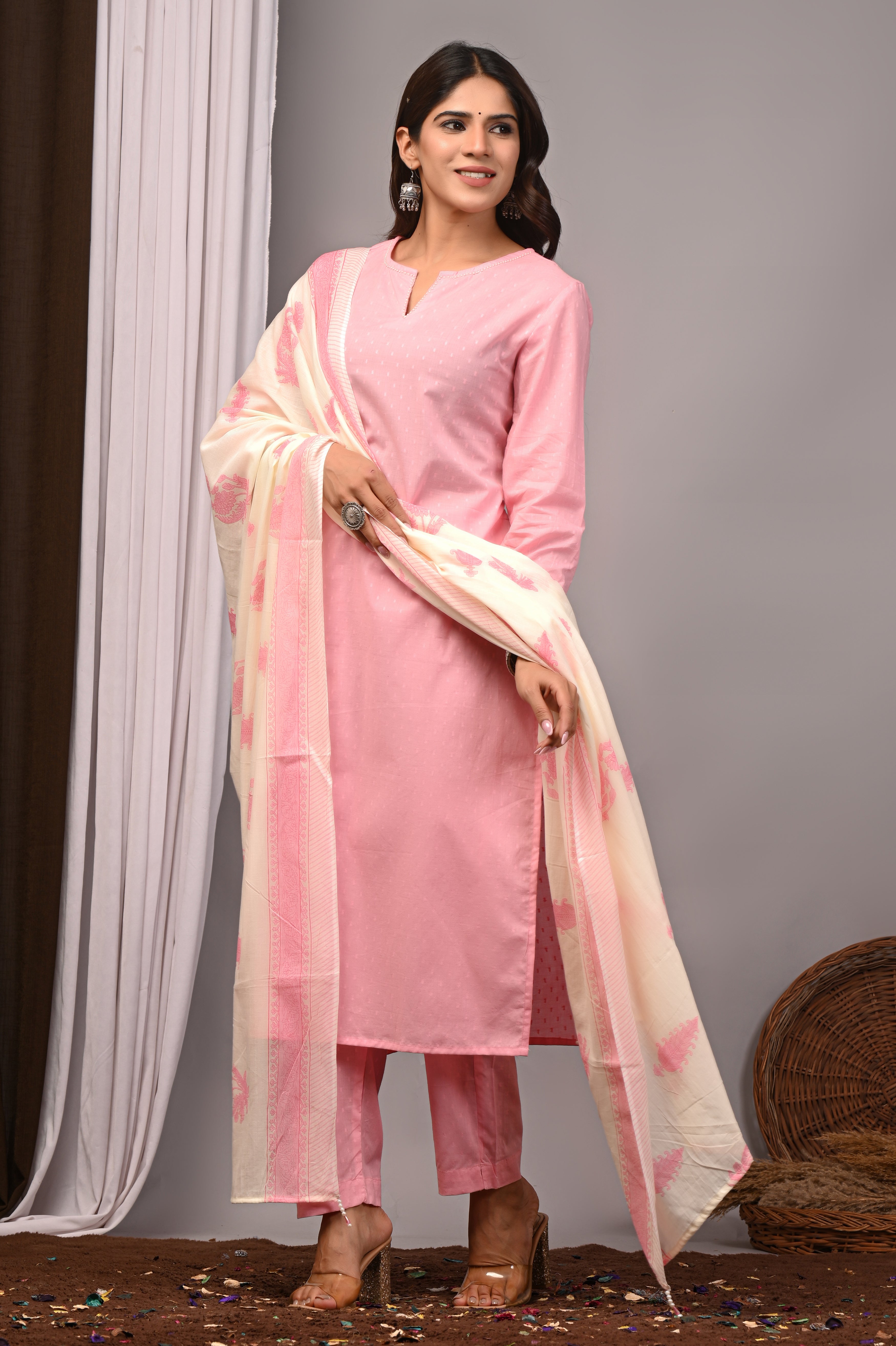 Blush Orchid Pink Self-Embroidered Cotton Straight Set