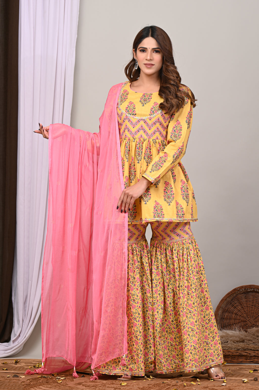 Marigold Blossom Sanganeri Peplum Gharara Set