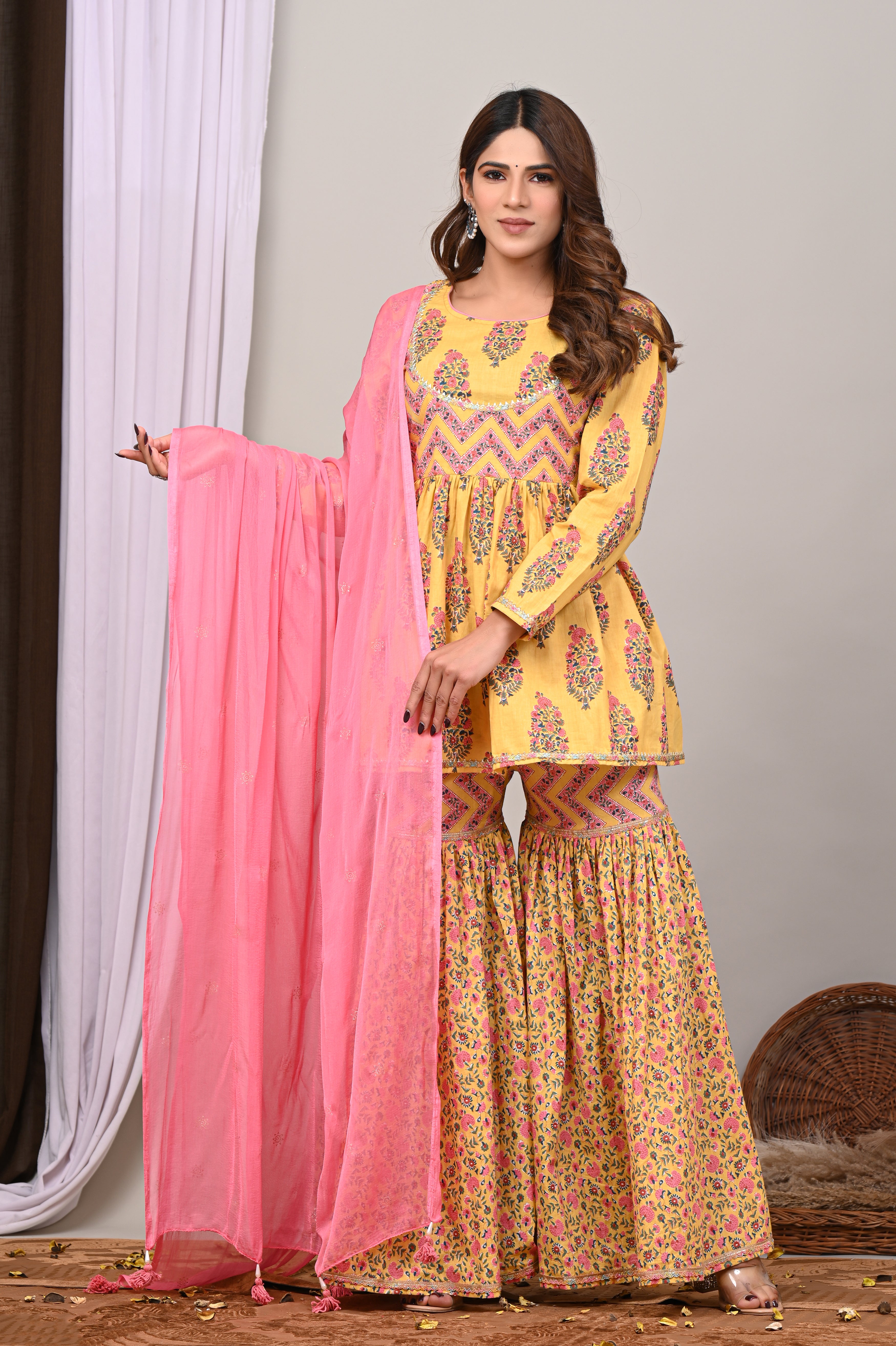 Marigold Blossom Sanganeri Peplum Gharara Set