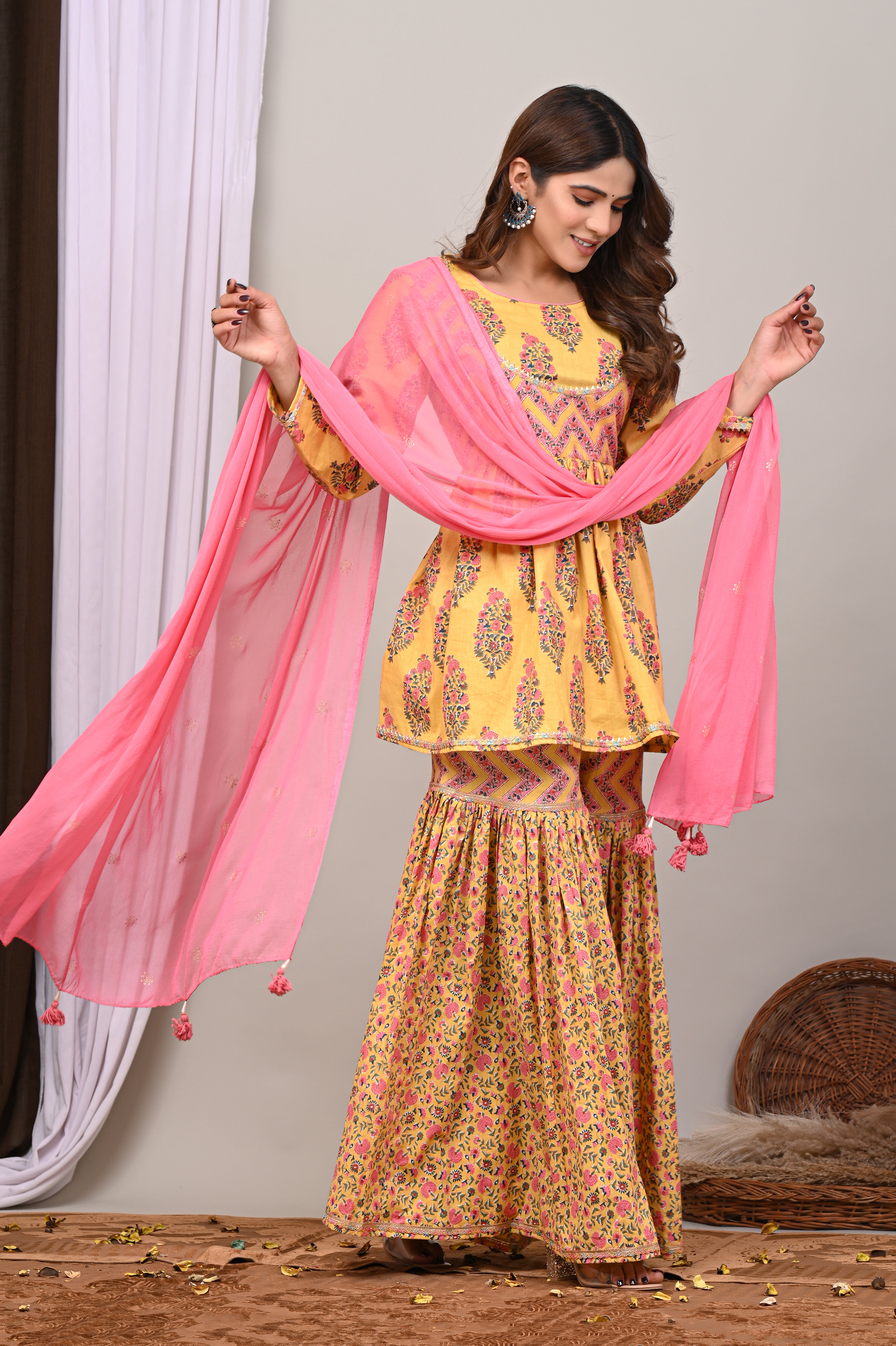 Marigold Blossom Sanganeri Peplum Gharara Set