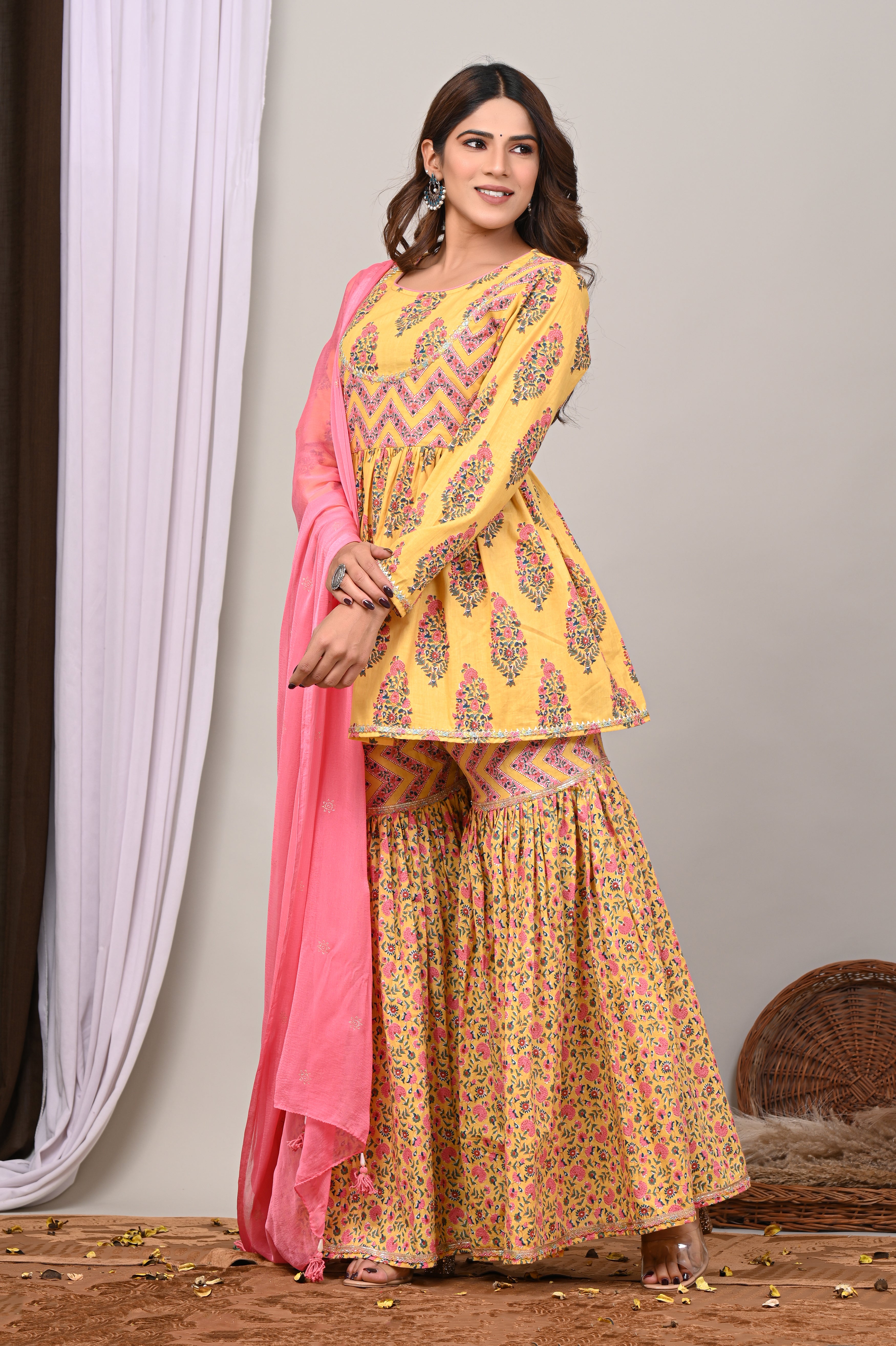 Marigold Blossom Sanganeri Peplum Gharara Set