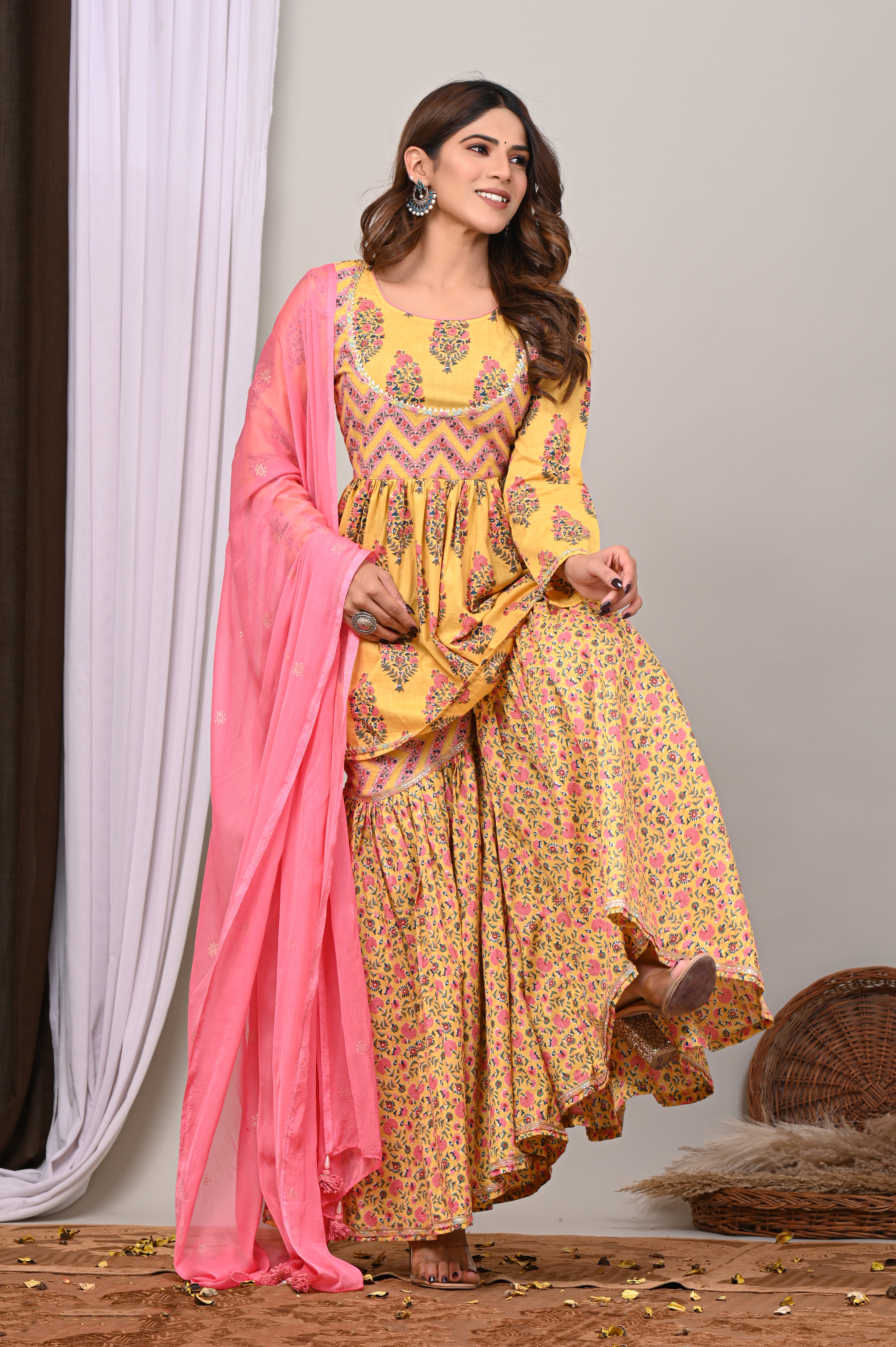 Marigold Blossom Sanganeri Peplum Gharara Set