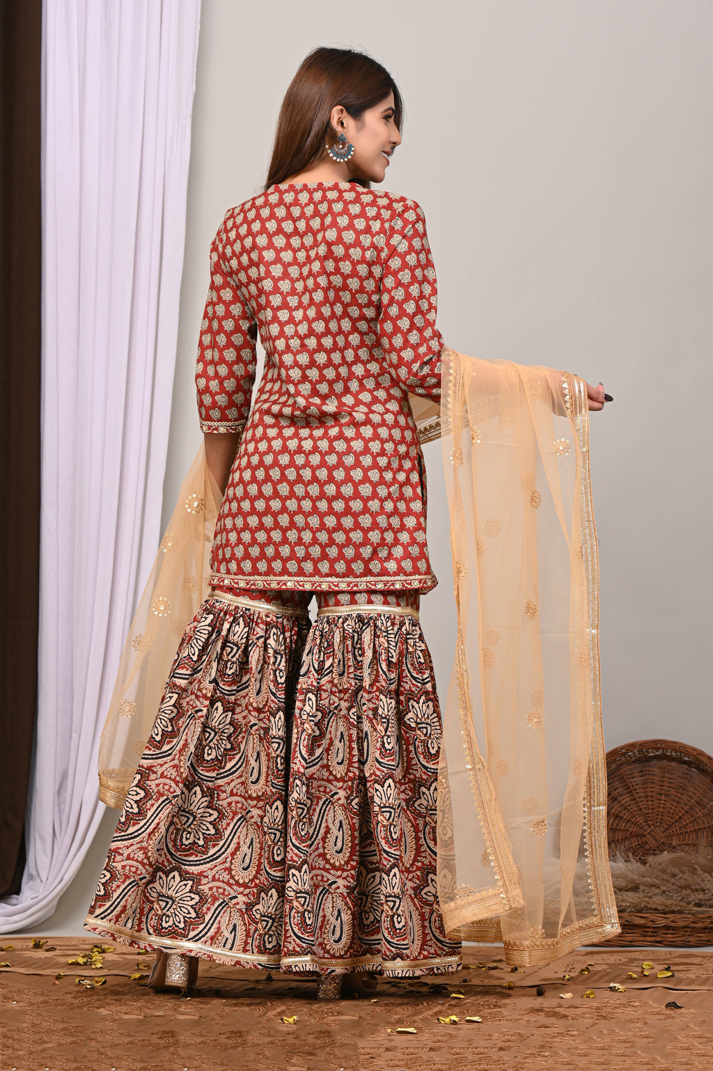 Rust Crimson Sanganeri Angarkha Gharara Set