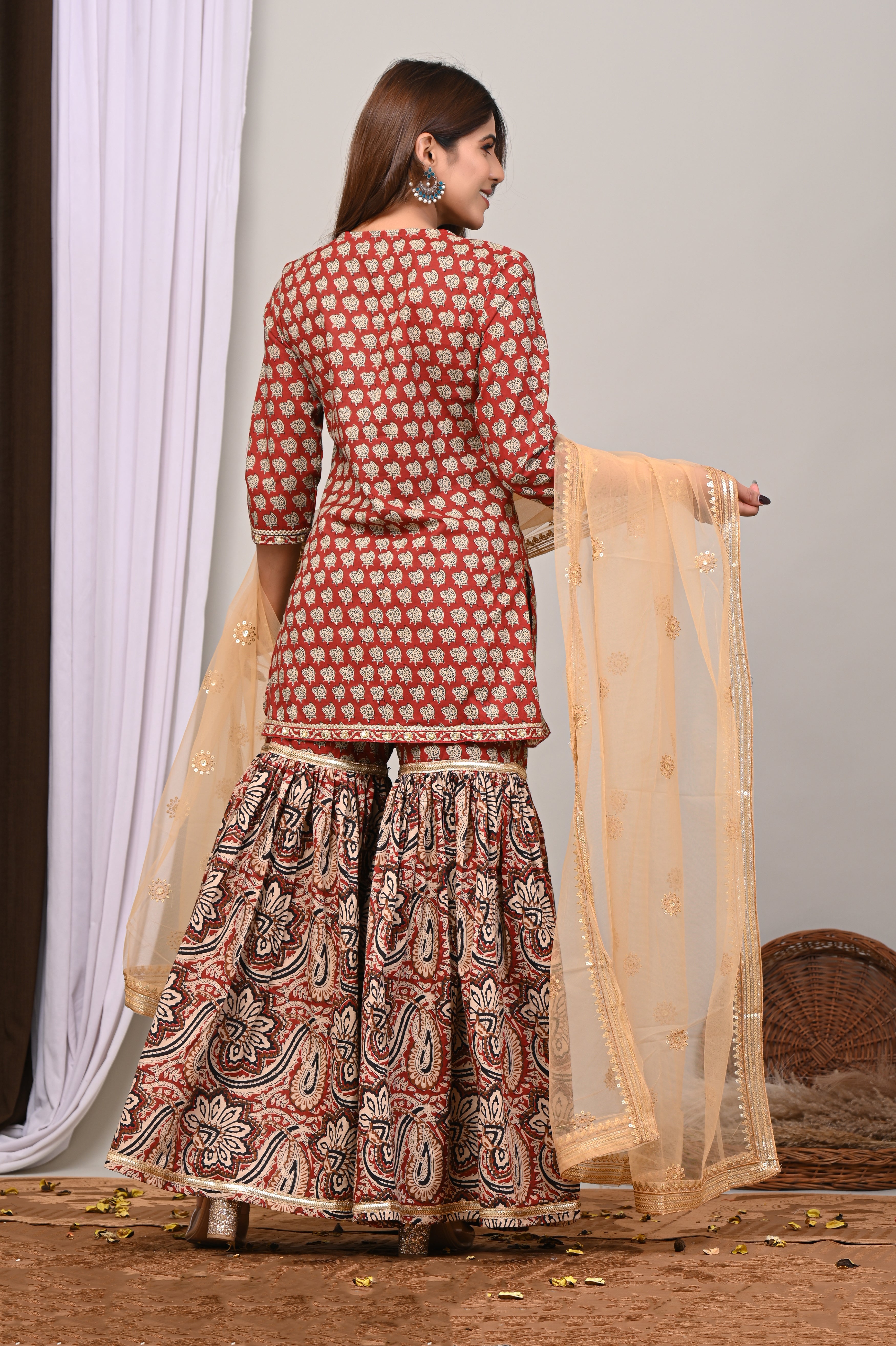 Rust Crimson Sanganeri Angarkha Gharara Set