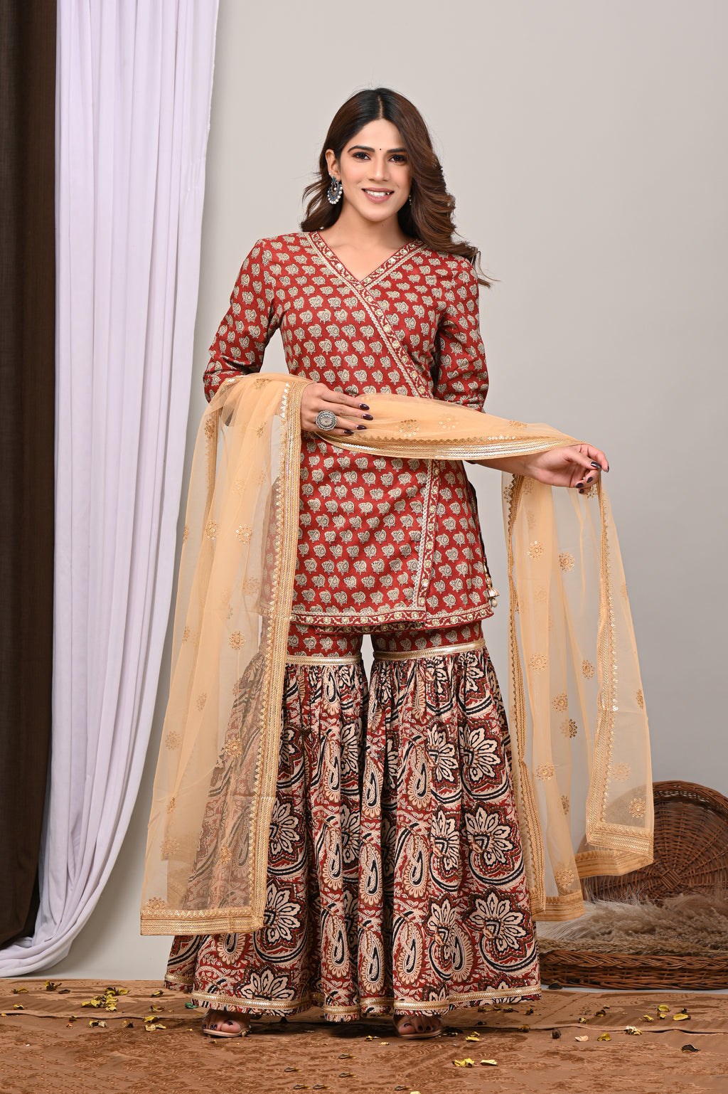 Rust Crimson Sanganeri Angarkha Gharara Set