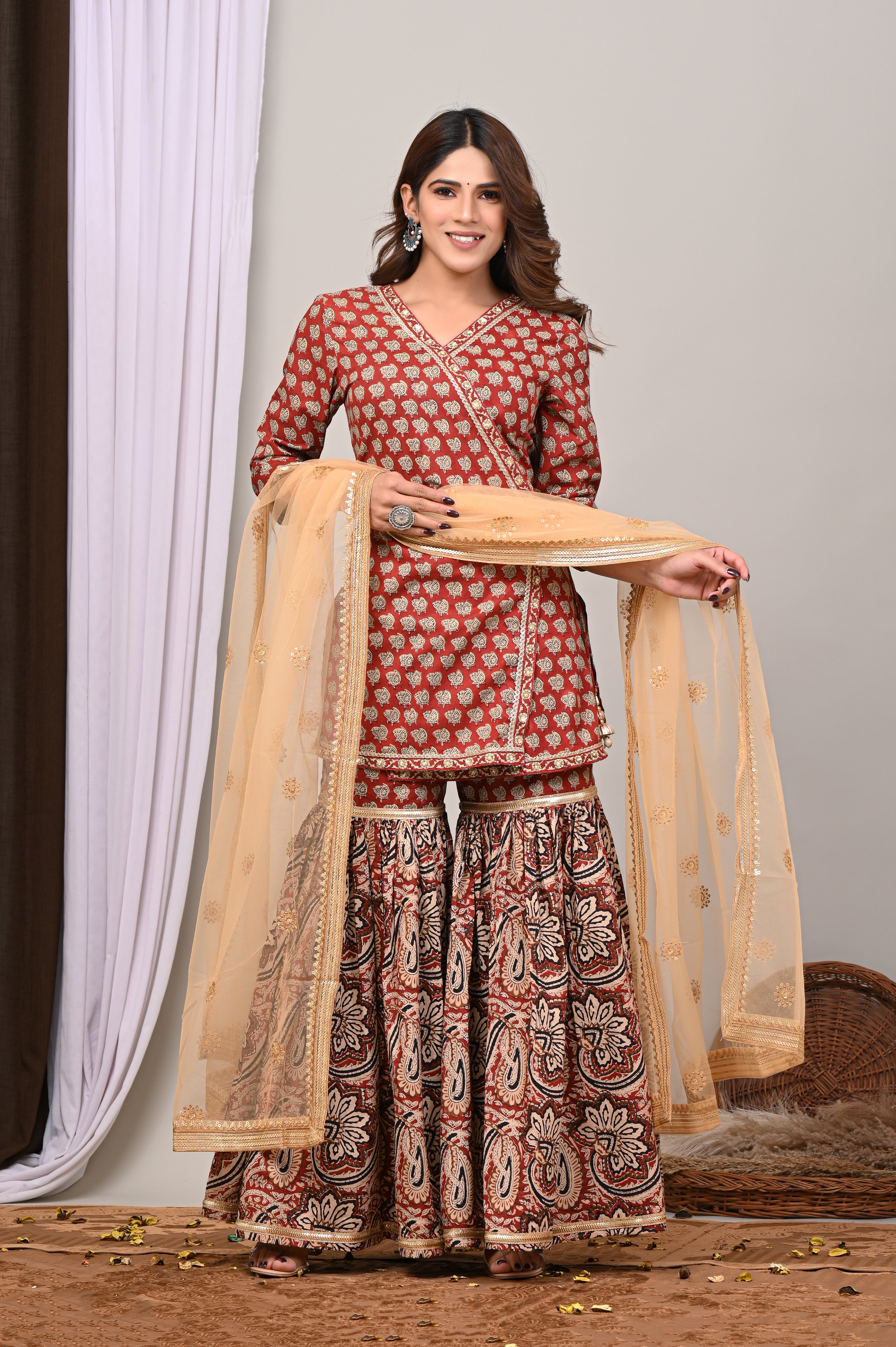 Rust Crimson Sanganeri Angarkha Gharara Set
