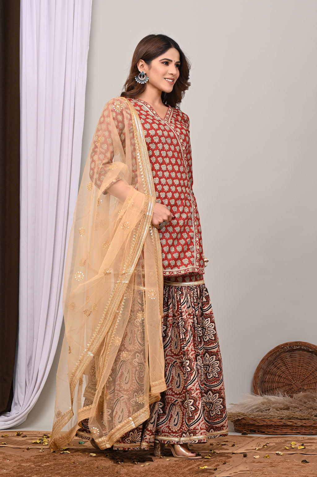 Rust Crimson Sanganeri Angarkha Gharara Set