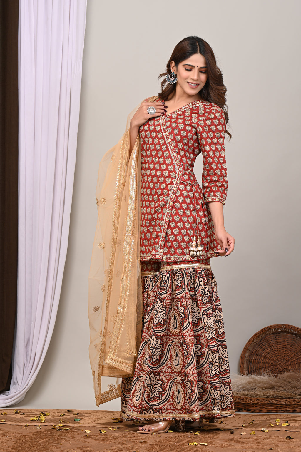 Rust Crimson Sanganeri Angarkha Gharara Set