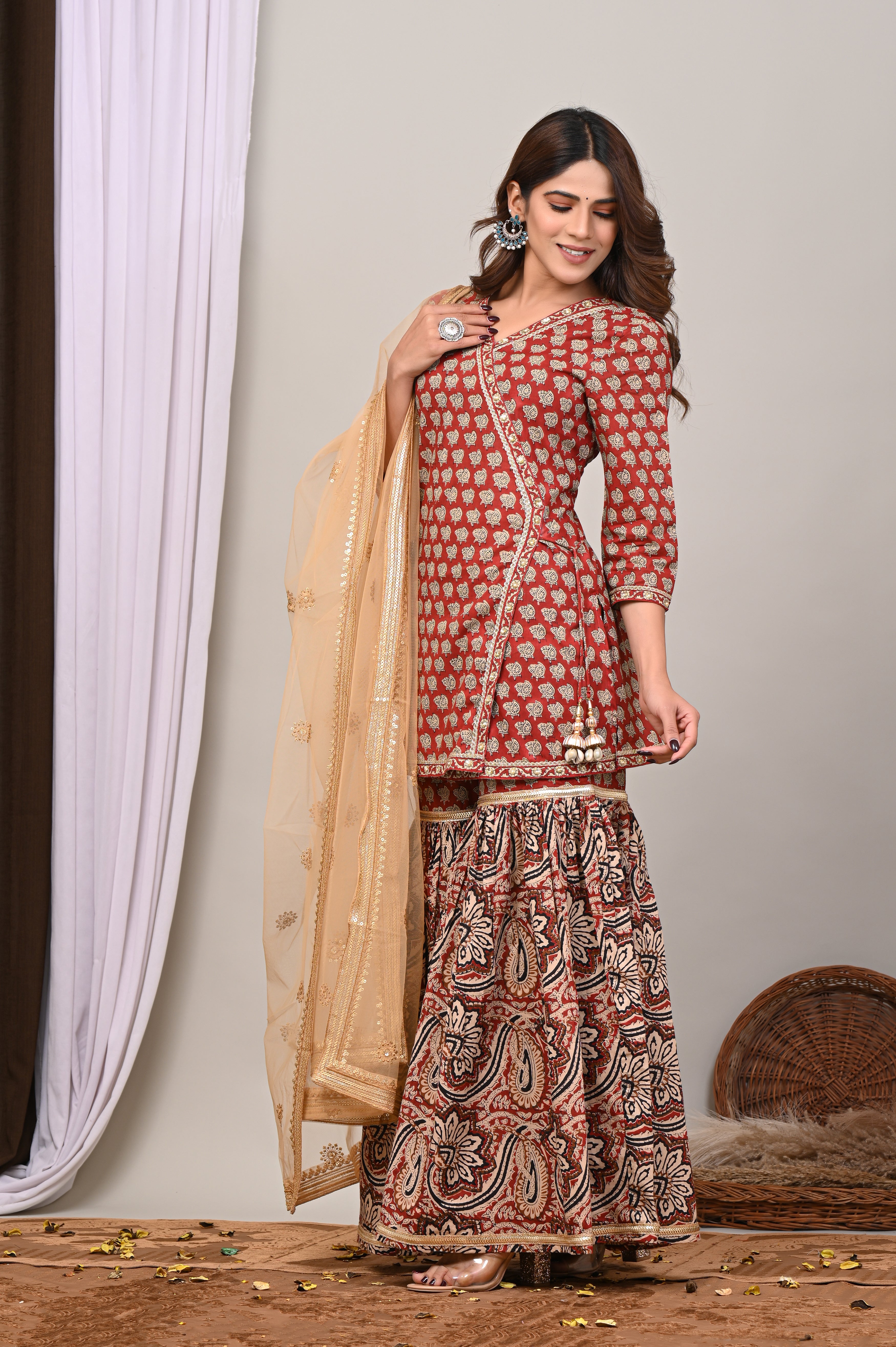 Rust Crimson Sanganeri Angarkha Gharara Set