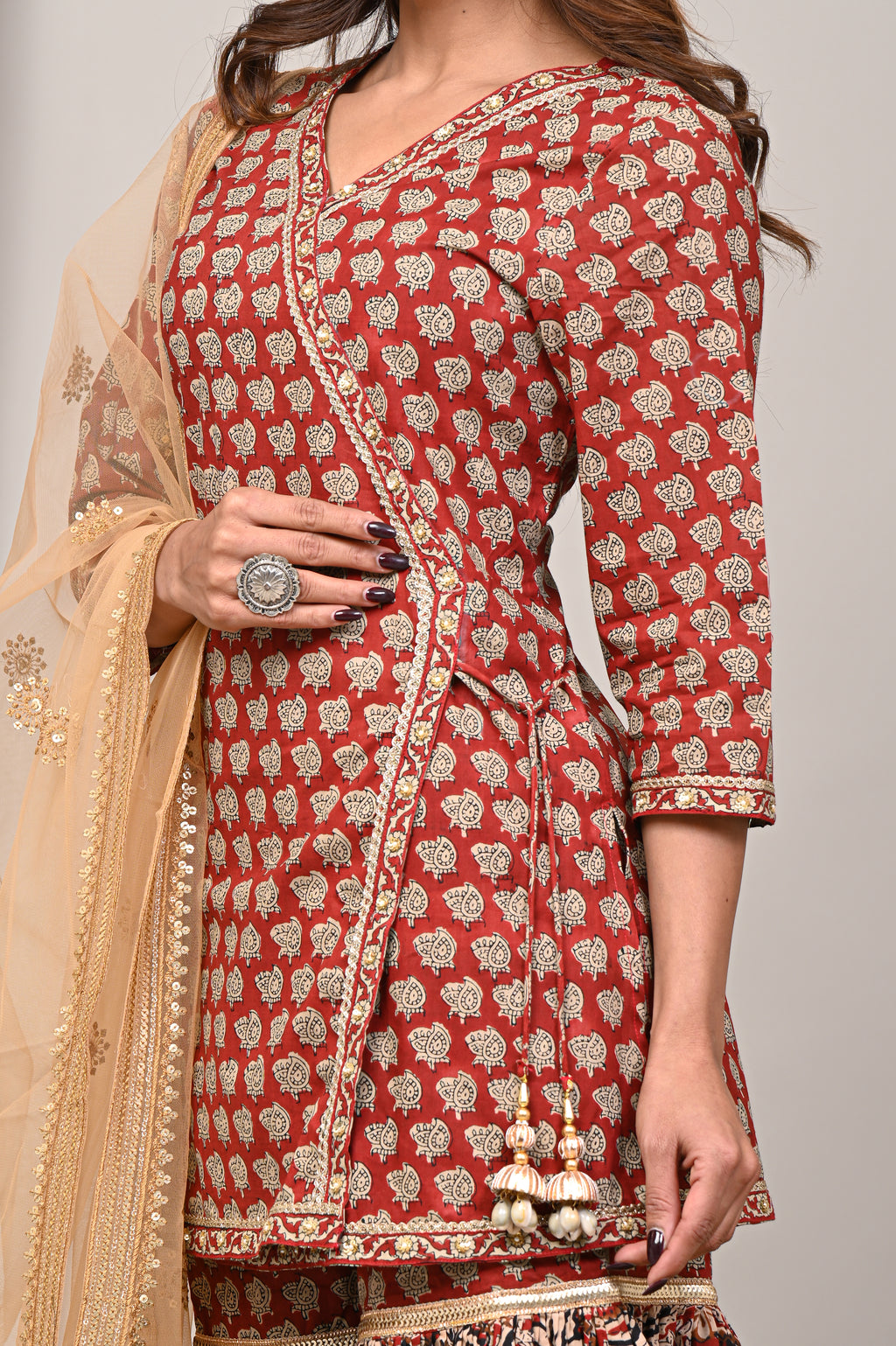 Rust Crimson Sanganeri Angarkha Gharara Set