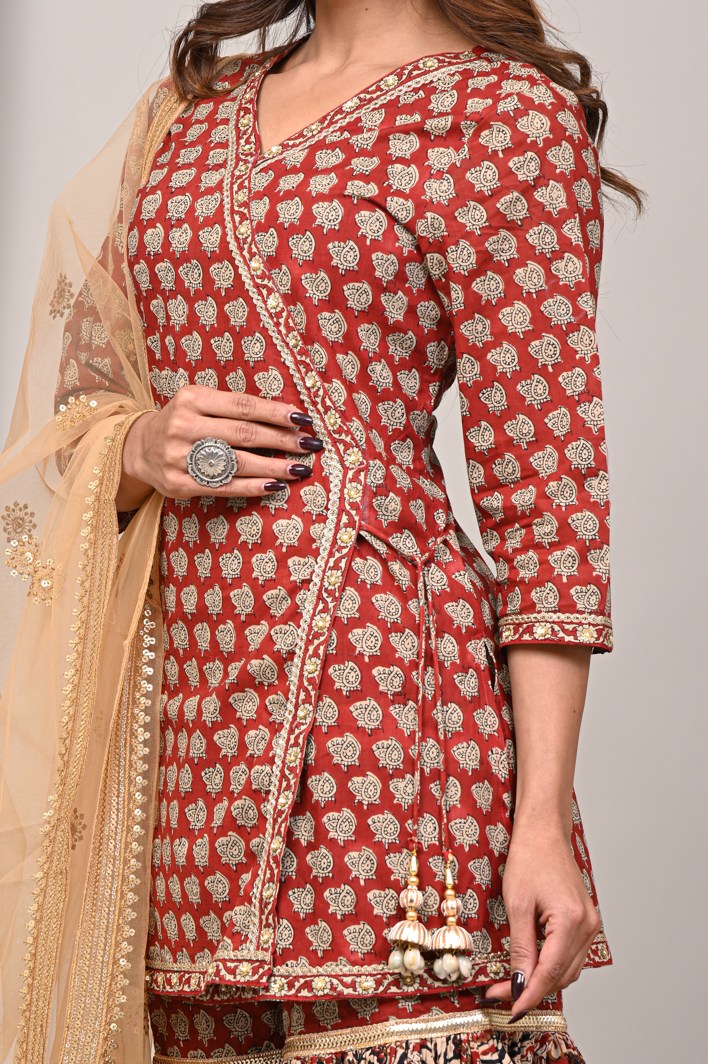 Rust Crimson Sanganeri Angarkha Gharara Set