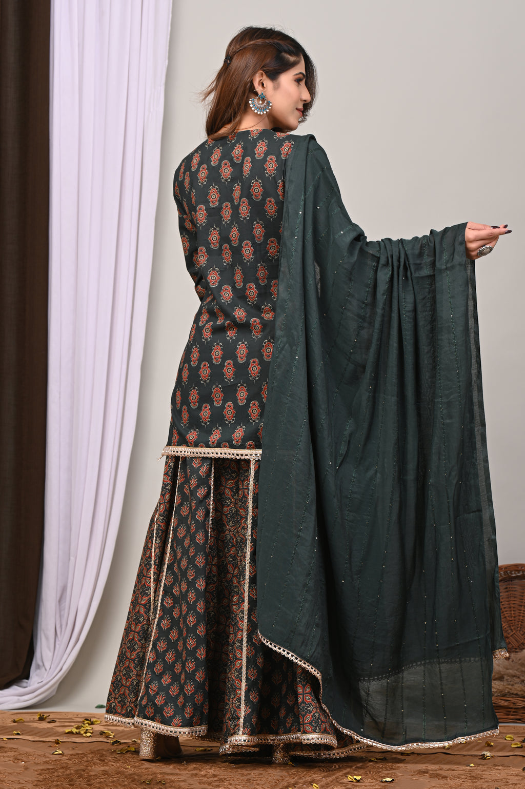 Forest Motif Sanganeri Sharara Set