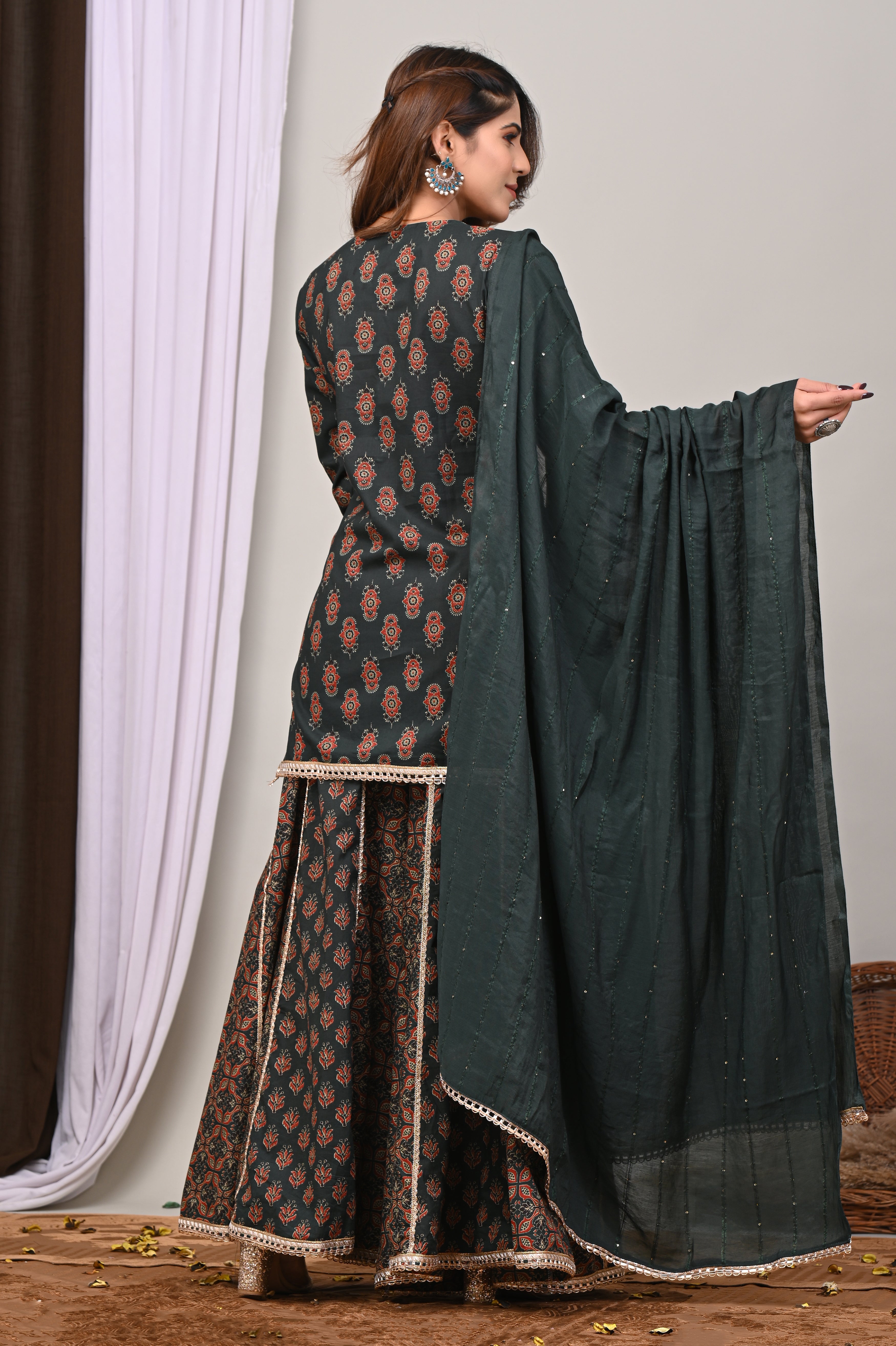 Forest Motif Sanganeri Sharara Set