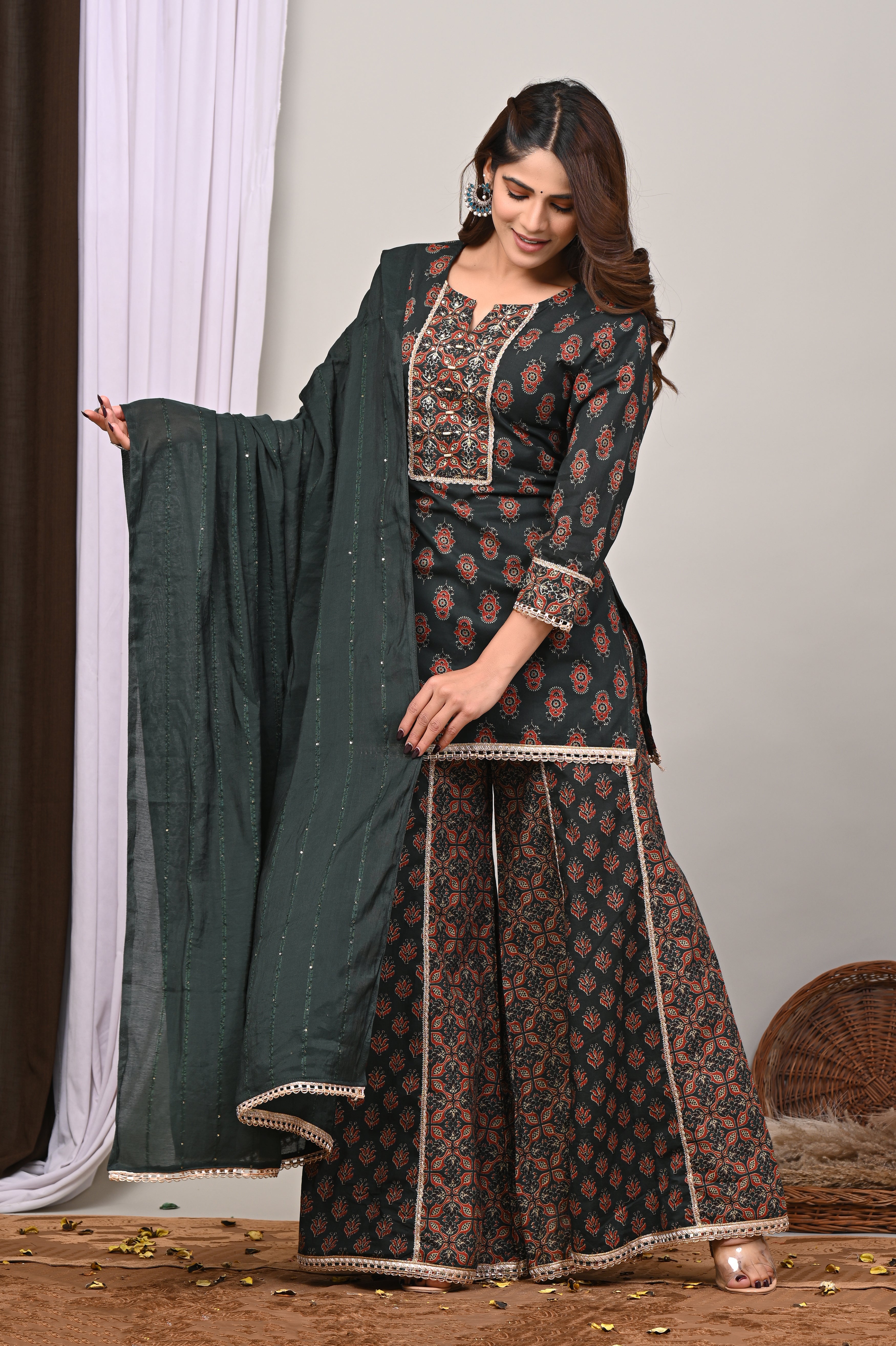 Forest Motif Sanganeri Sharara Set