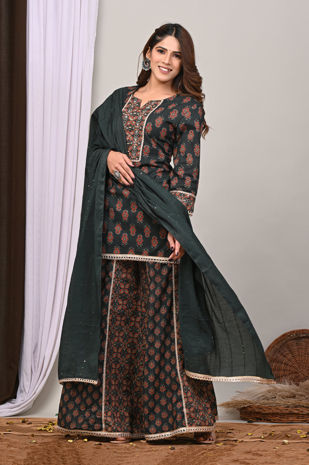 Forest Motif Sanganeri Sharara Set