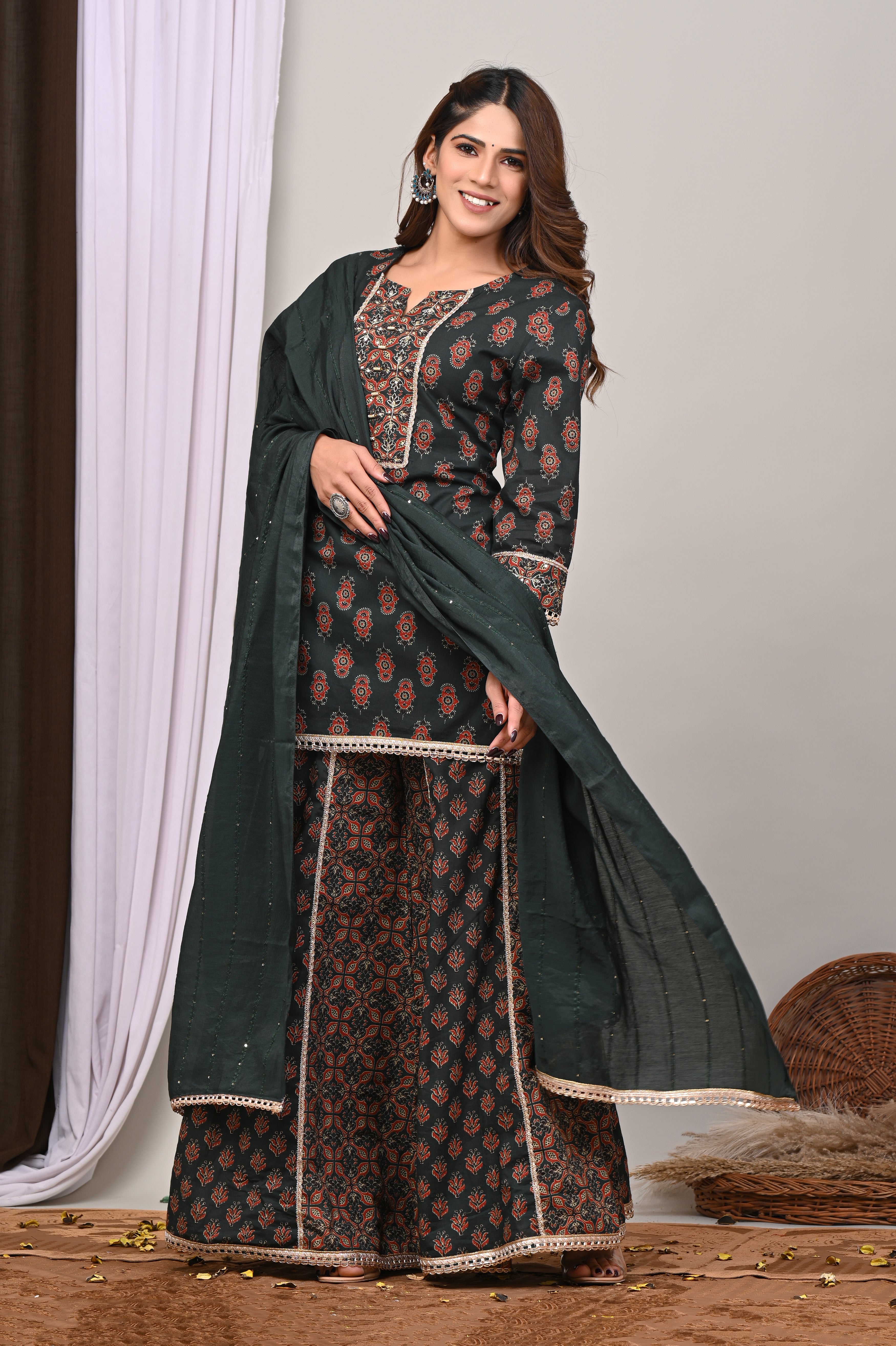 Forest Motif Sanganeri Sharara Set