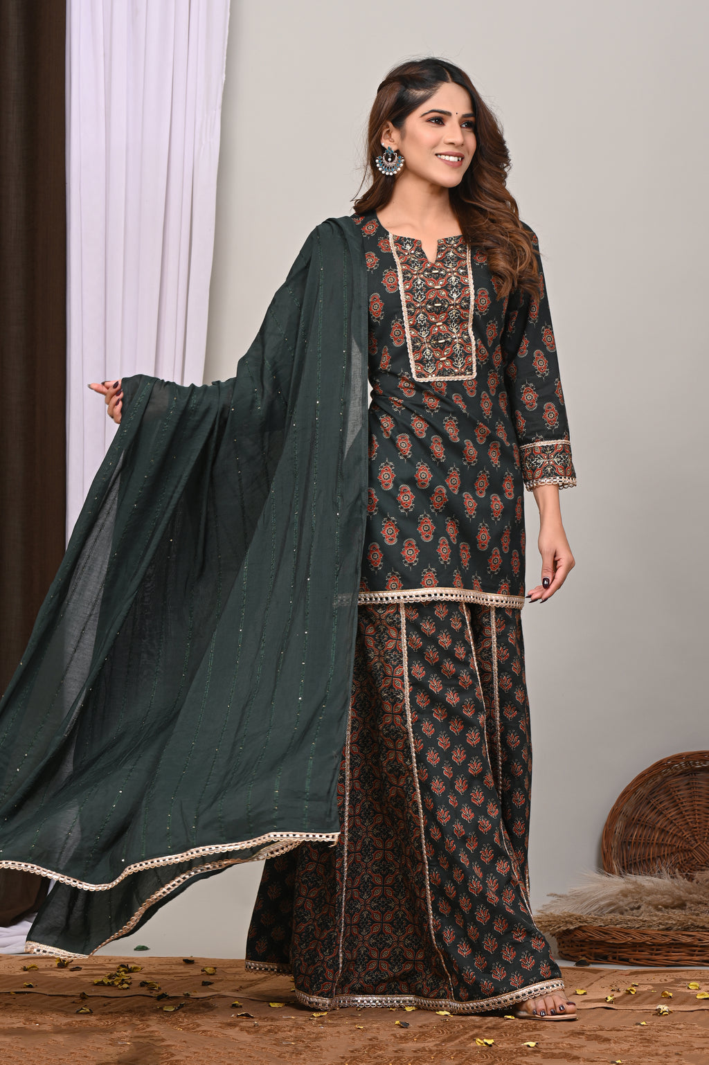 Forest Motif Sanganeri Sharara Set