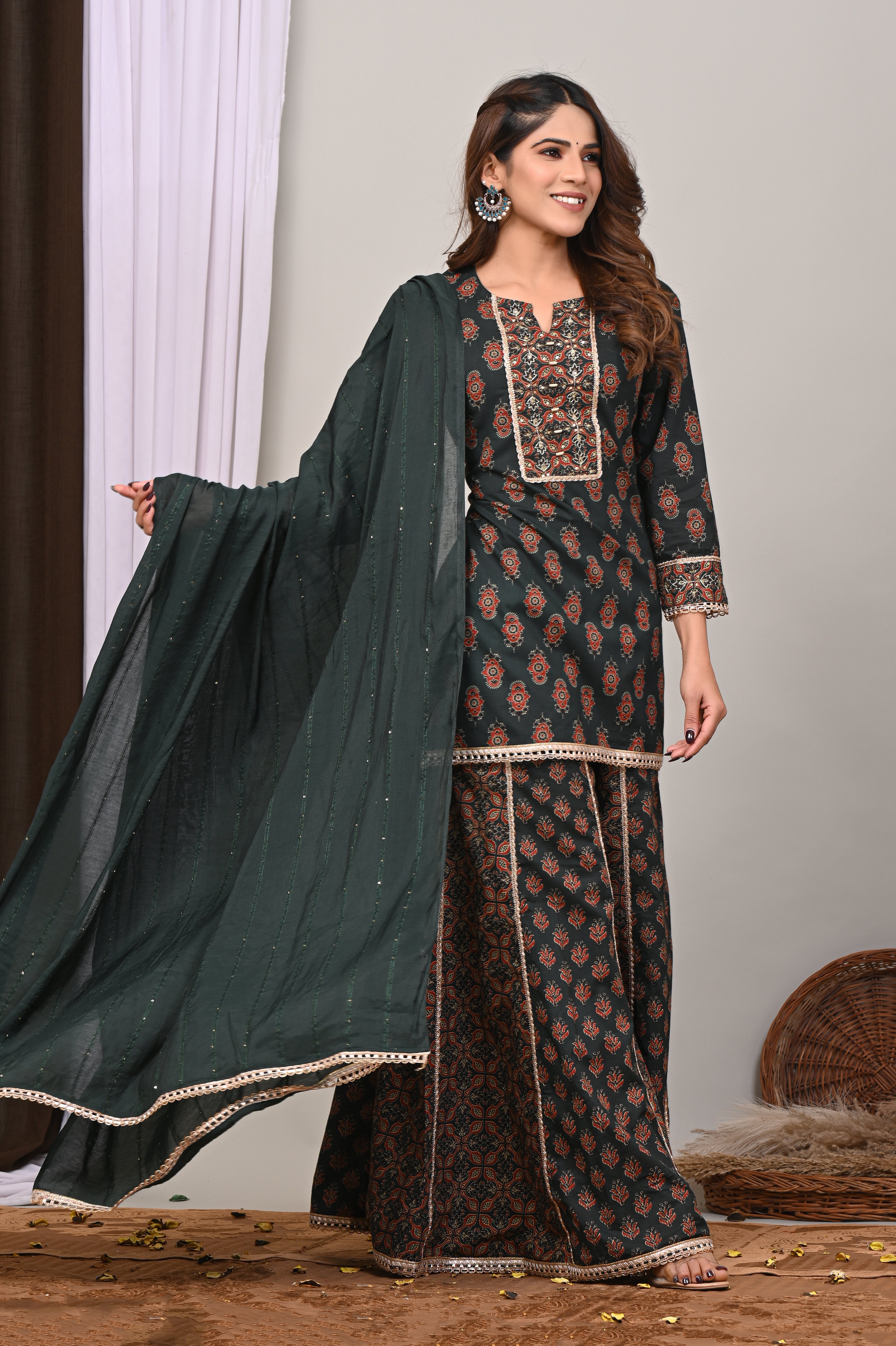Forest Motif Sanganeri Sharara Set