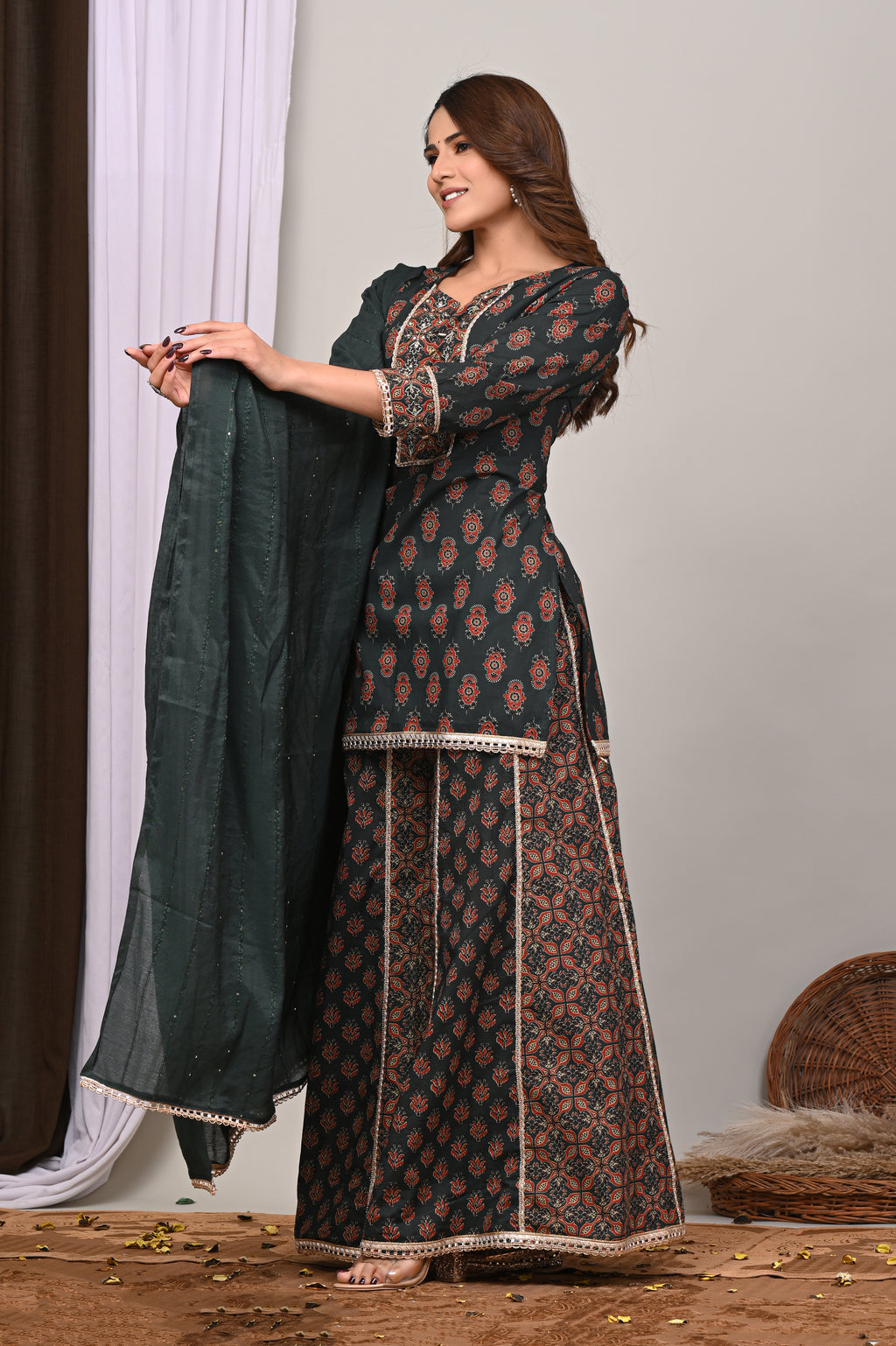 Forest Motif Sanganeri Sharara Set