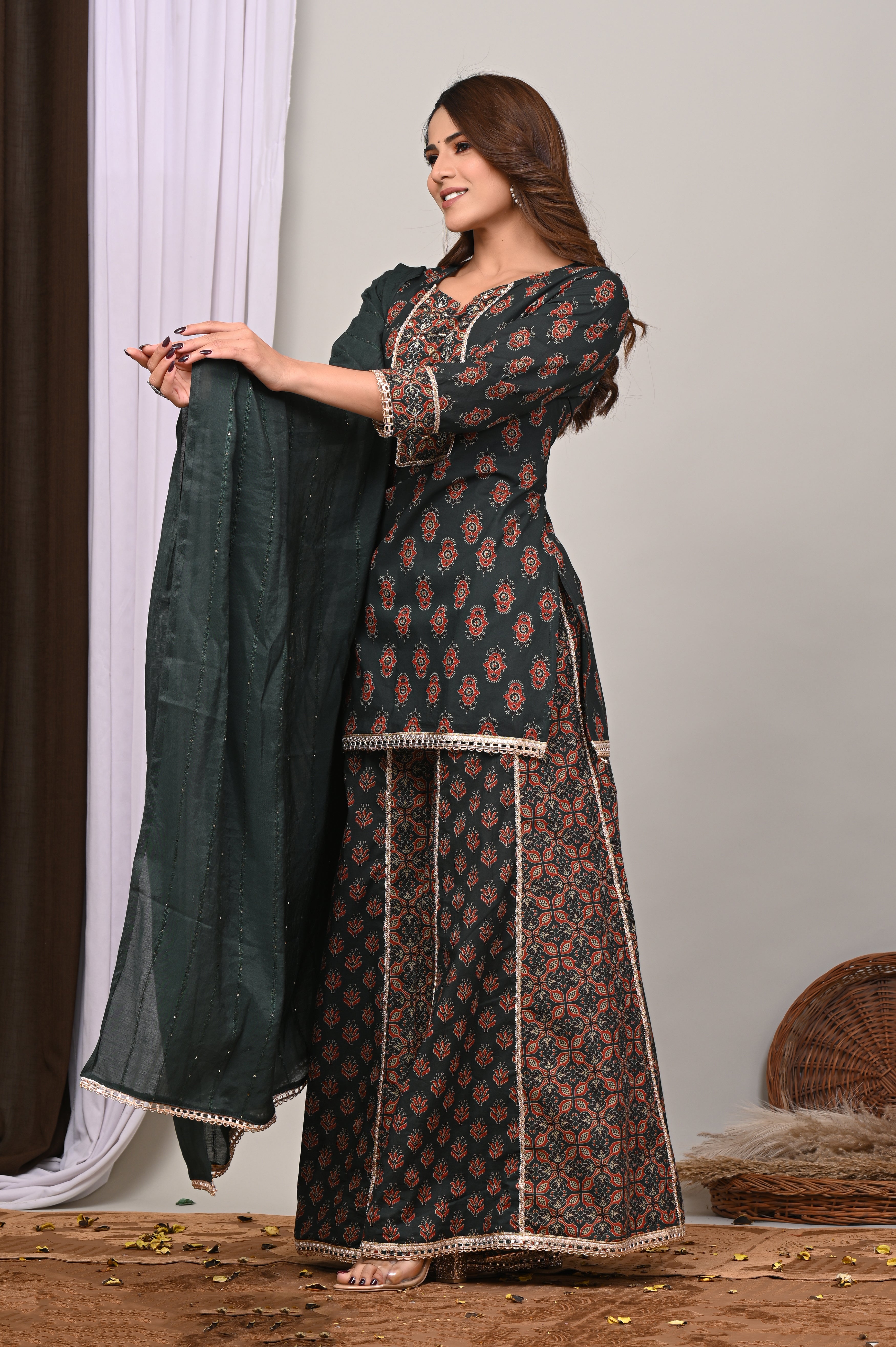 Forest Motif Sanganeri Sharara Set