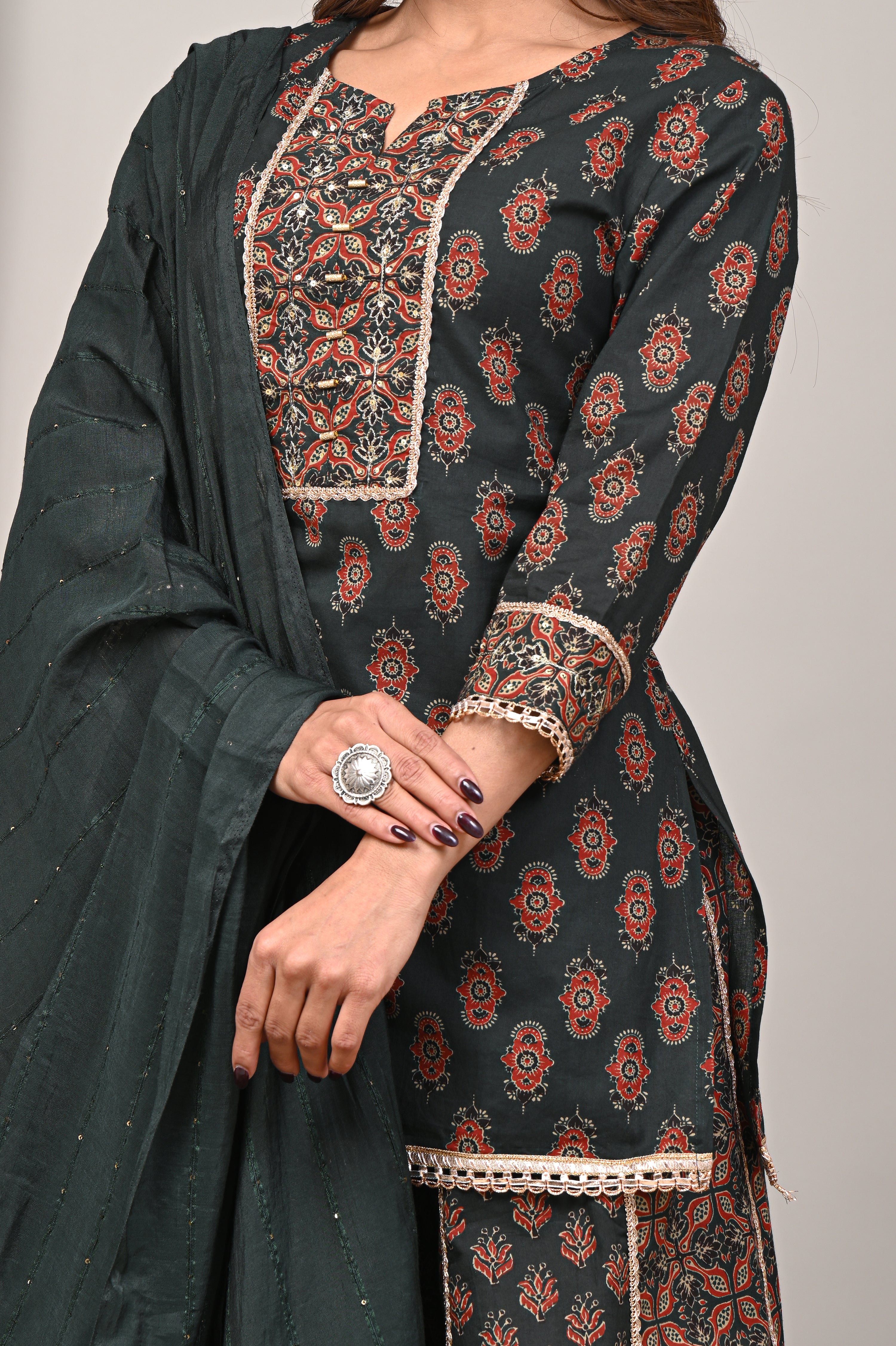Forest Motif Sanganeri Sharara Set