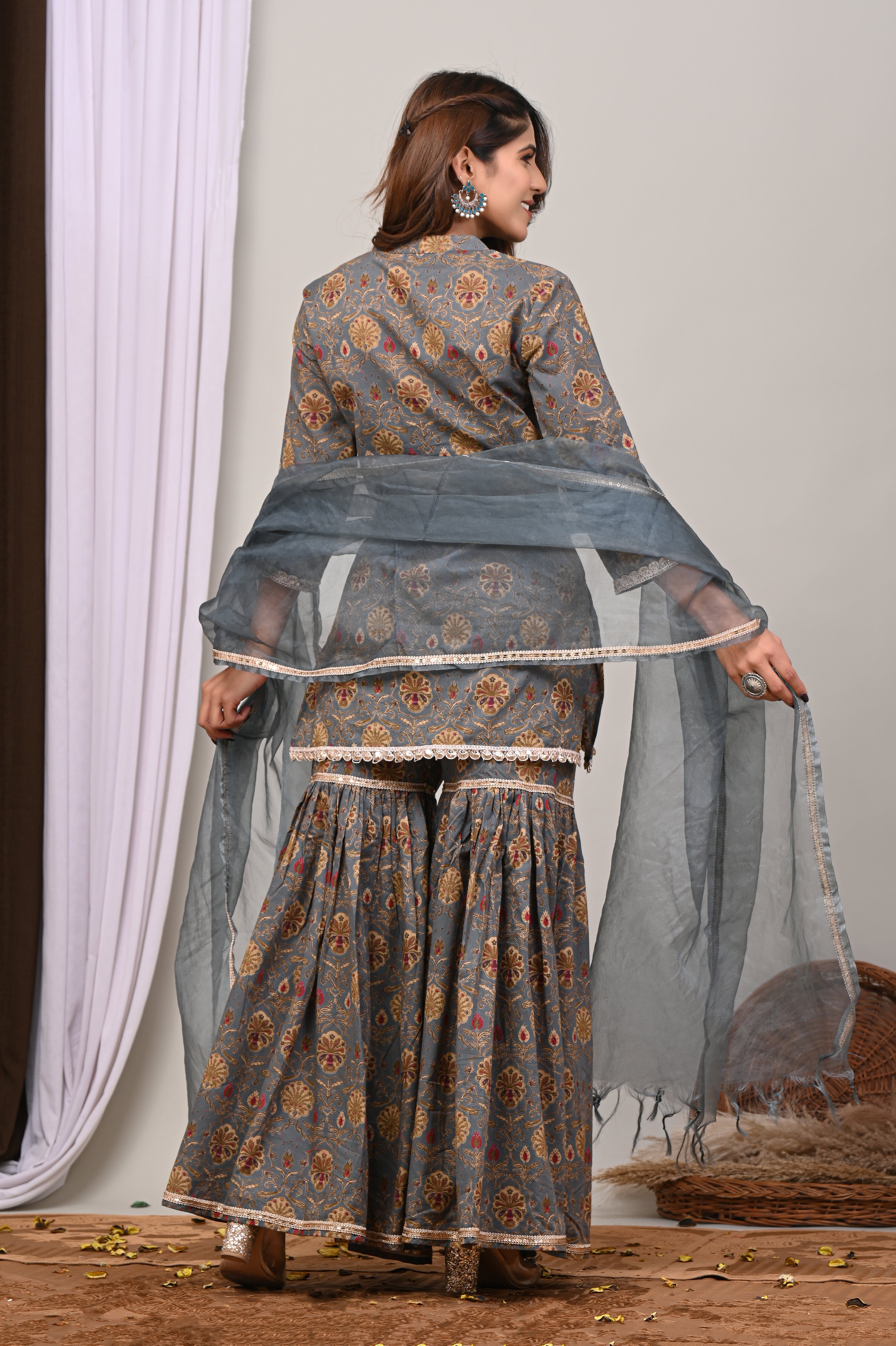 Slate Floral Sanganeri Gharara Set