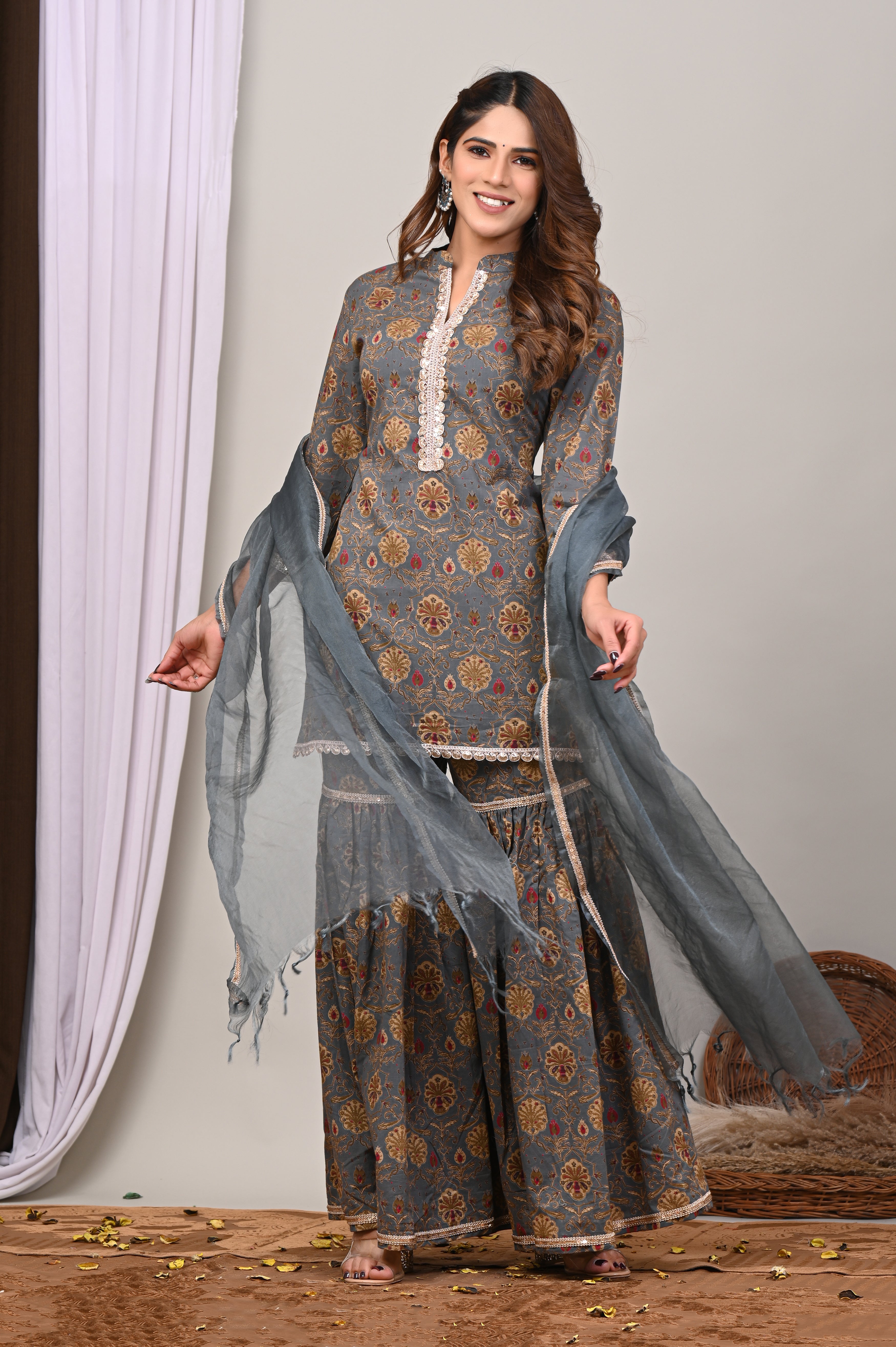 Slate Floral Sanganeri Gharara Set