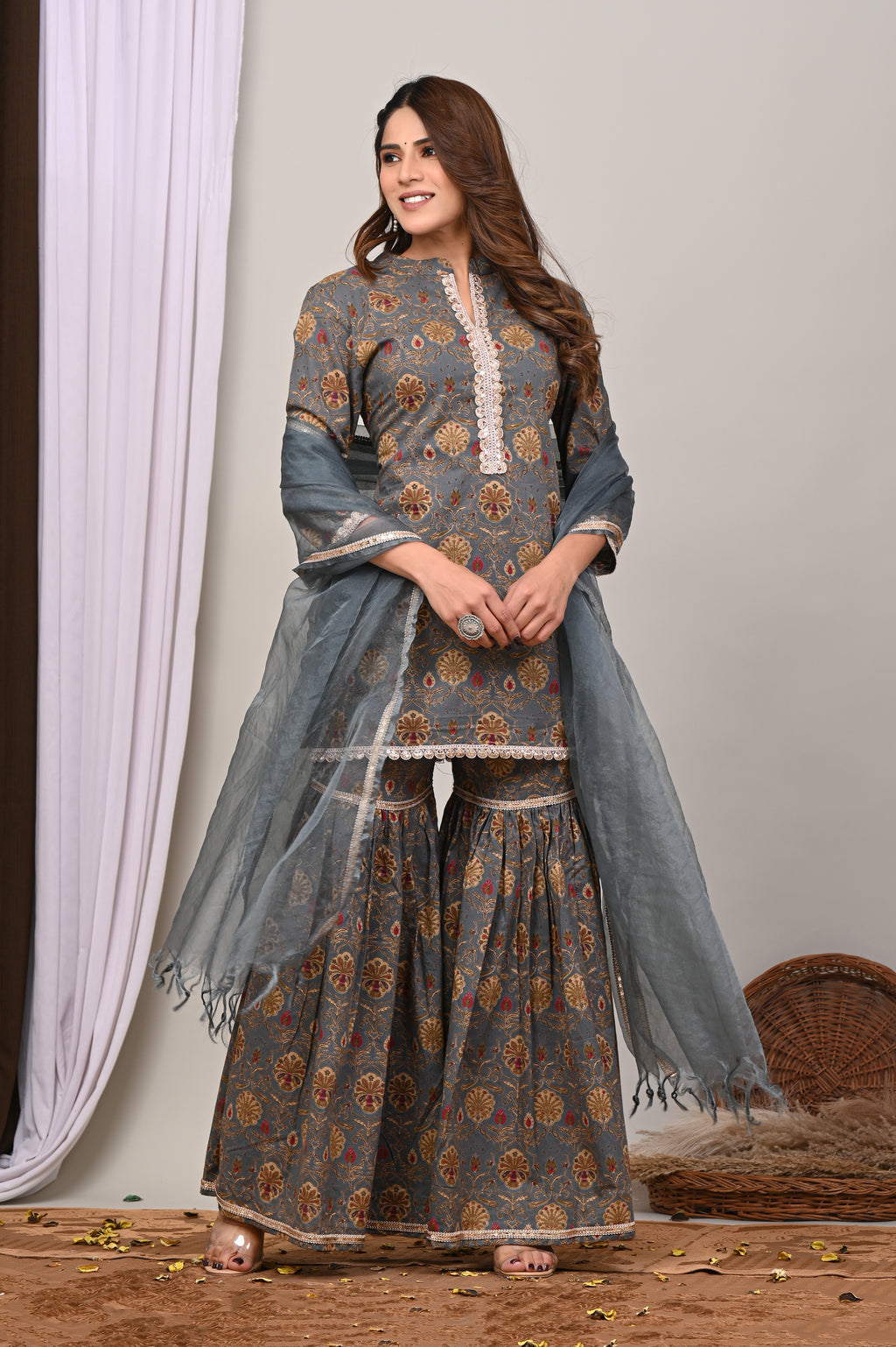 Slate Floral Sanganeri Gharara Set