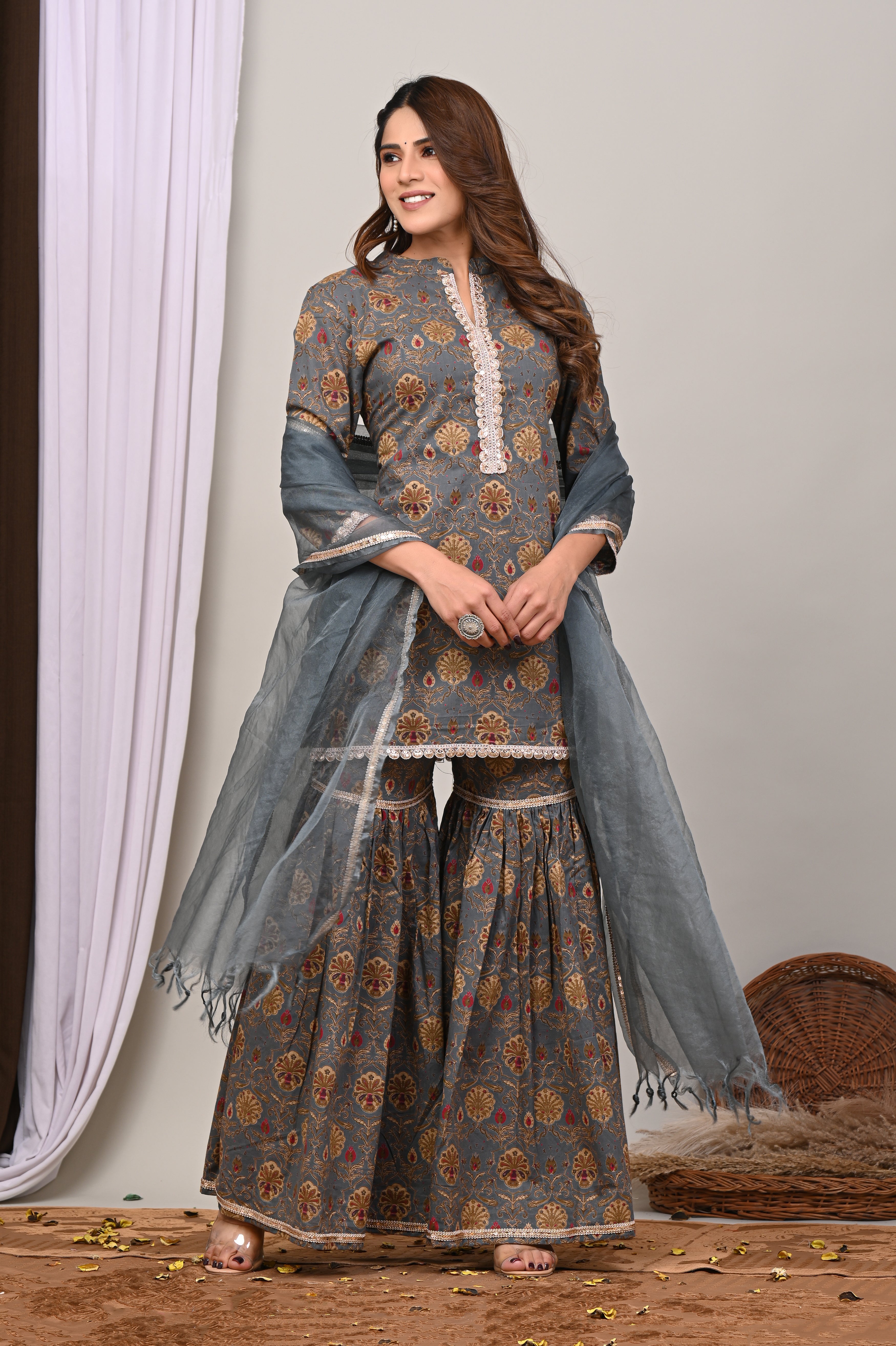 Slate Floral Sanganeri Gharara Set
