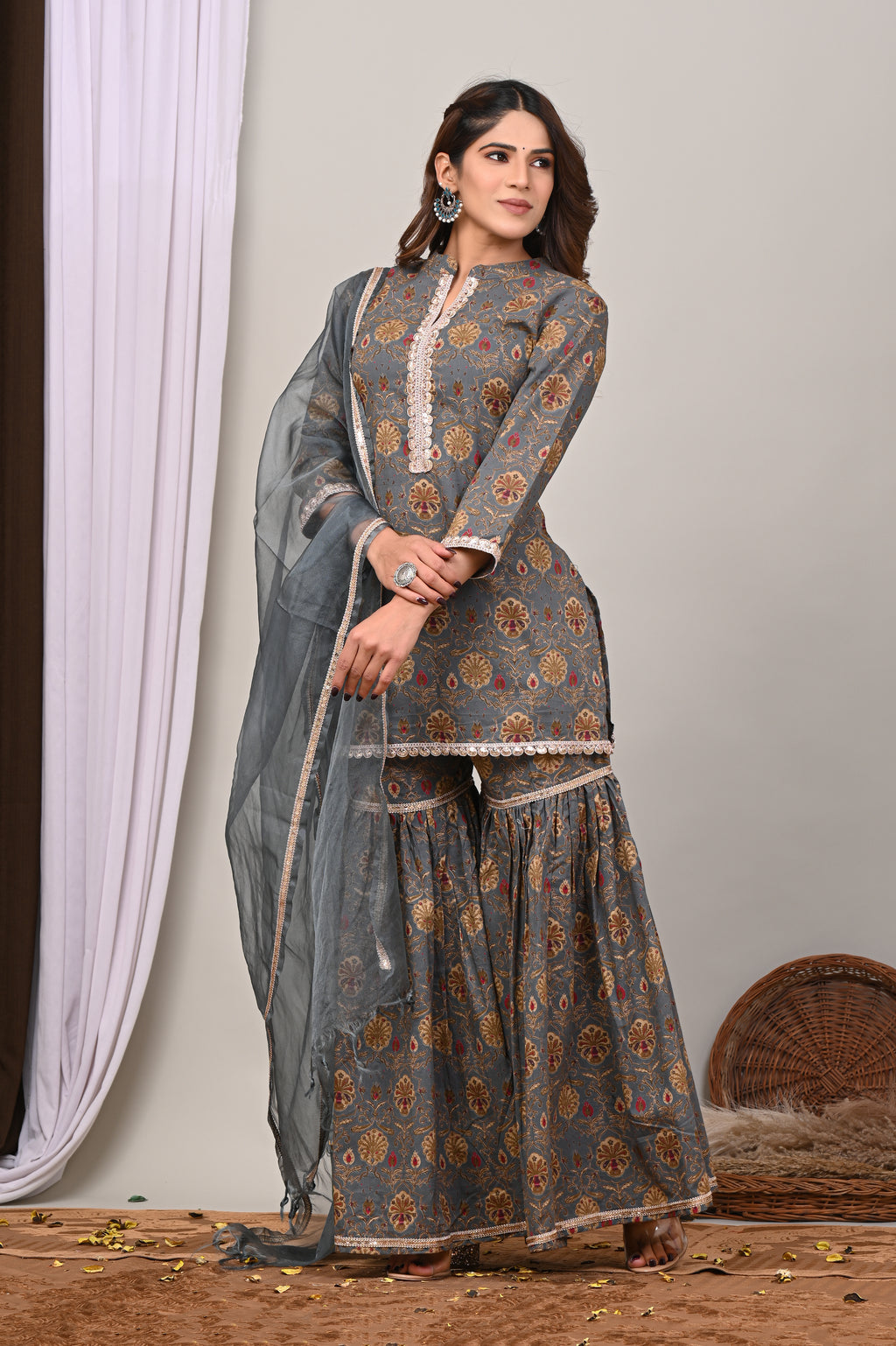 Slate Floral Sanganeri Gharara Set