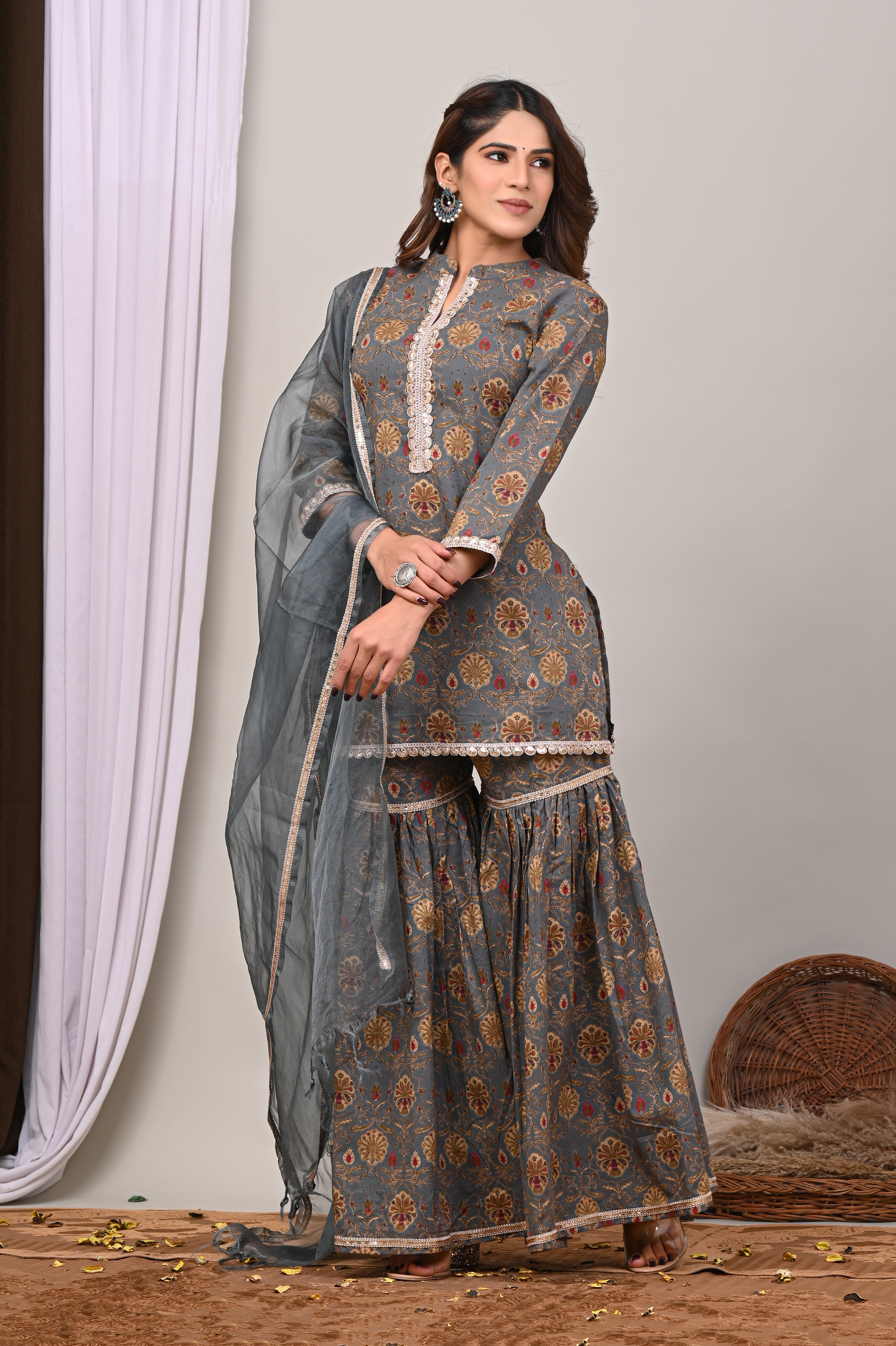 Slate Floral Sanganeri Gharara Set