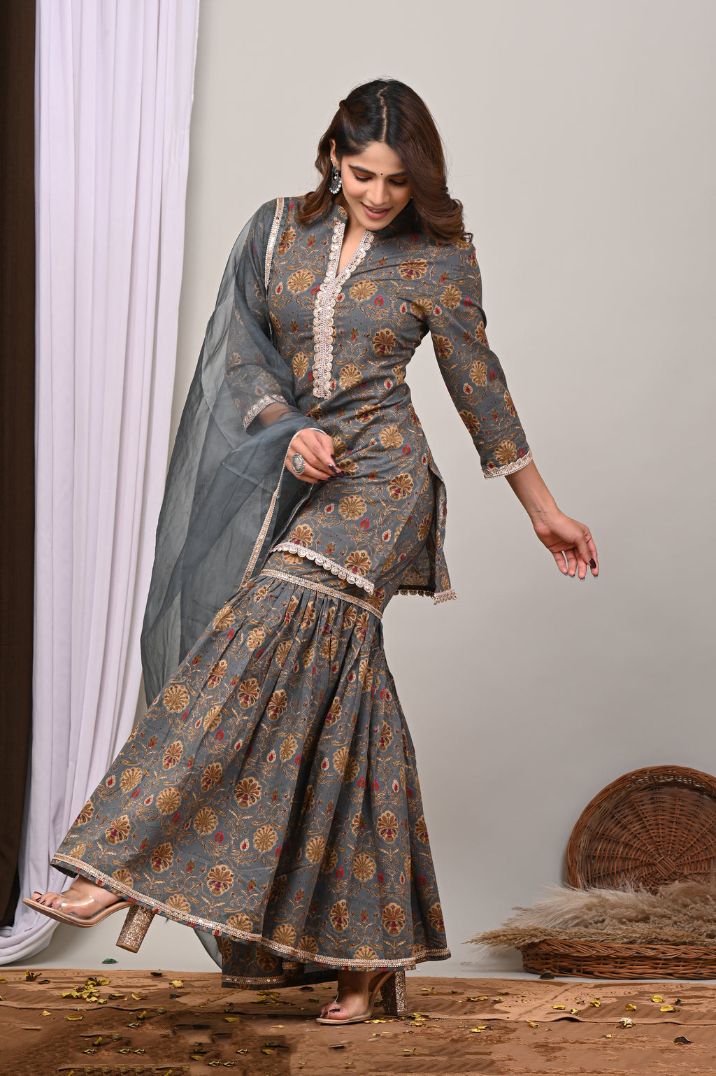 Slate Floral Sanganeri Gharara Set