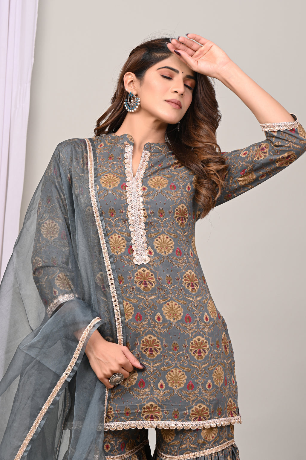 Slate Floral Sanganeri Gharara Set