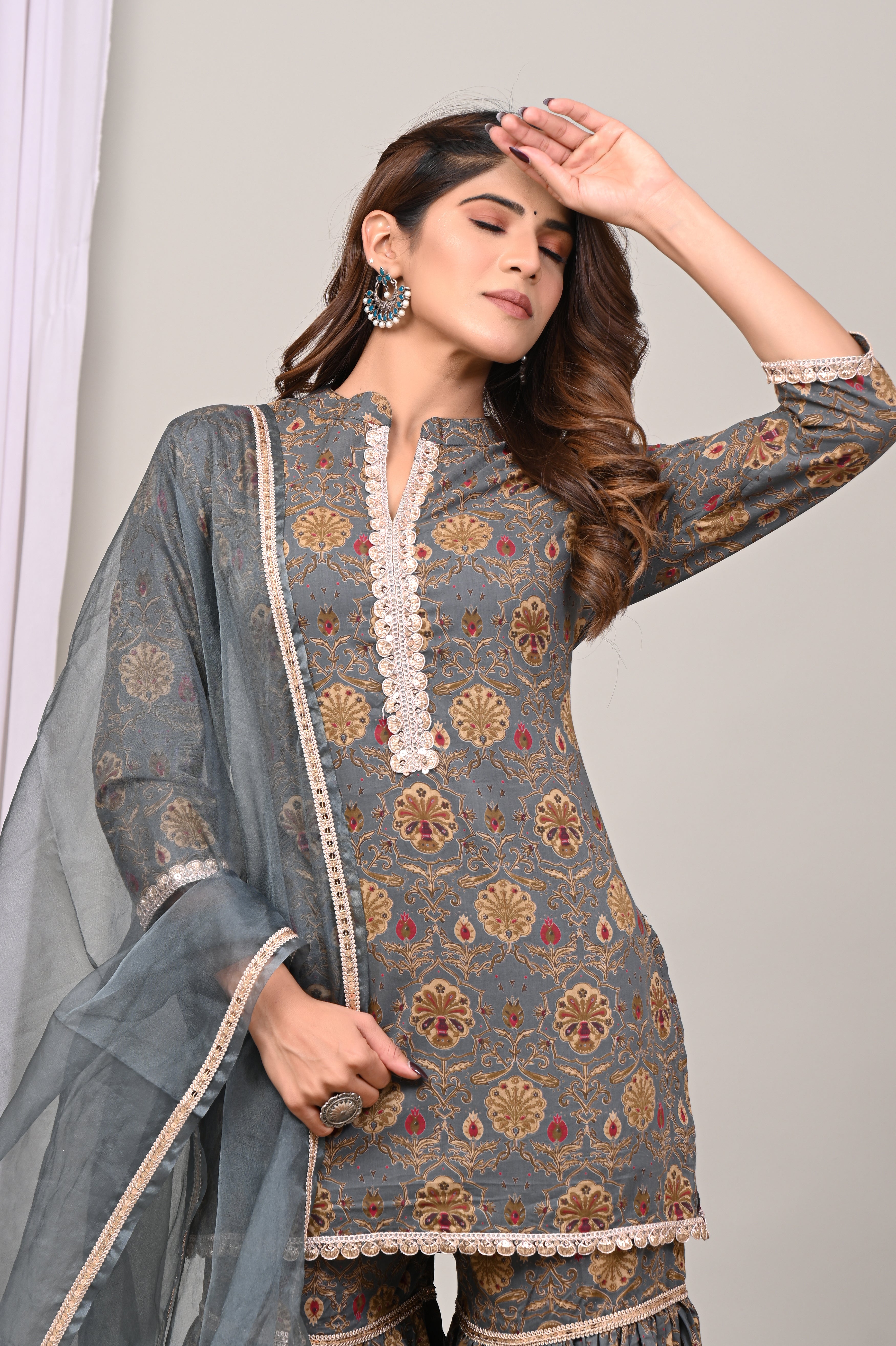 Slate Floral Sanganeri Gharara Set