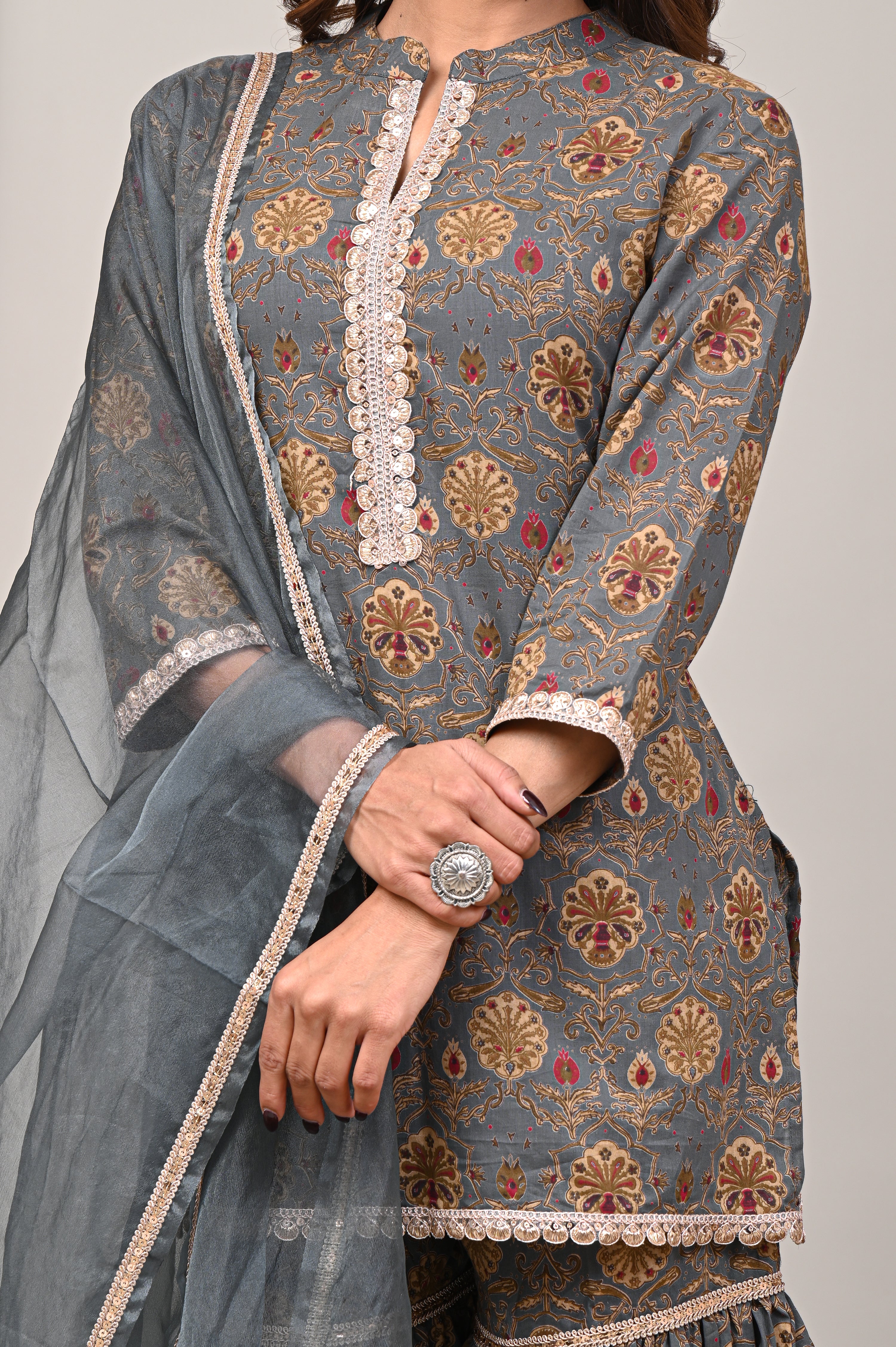 Slate Floral Sanganeri Gharara Set