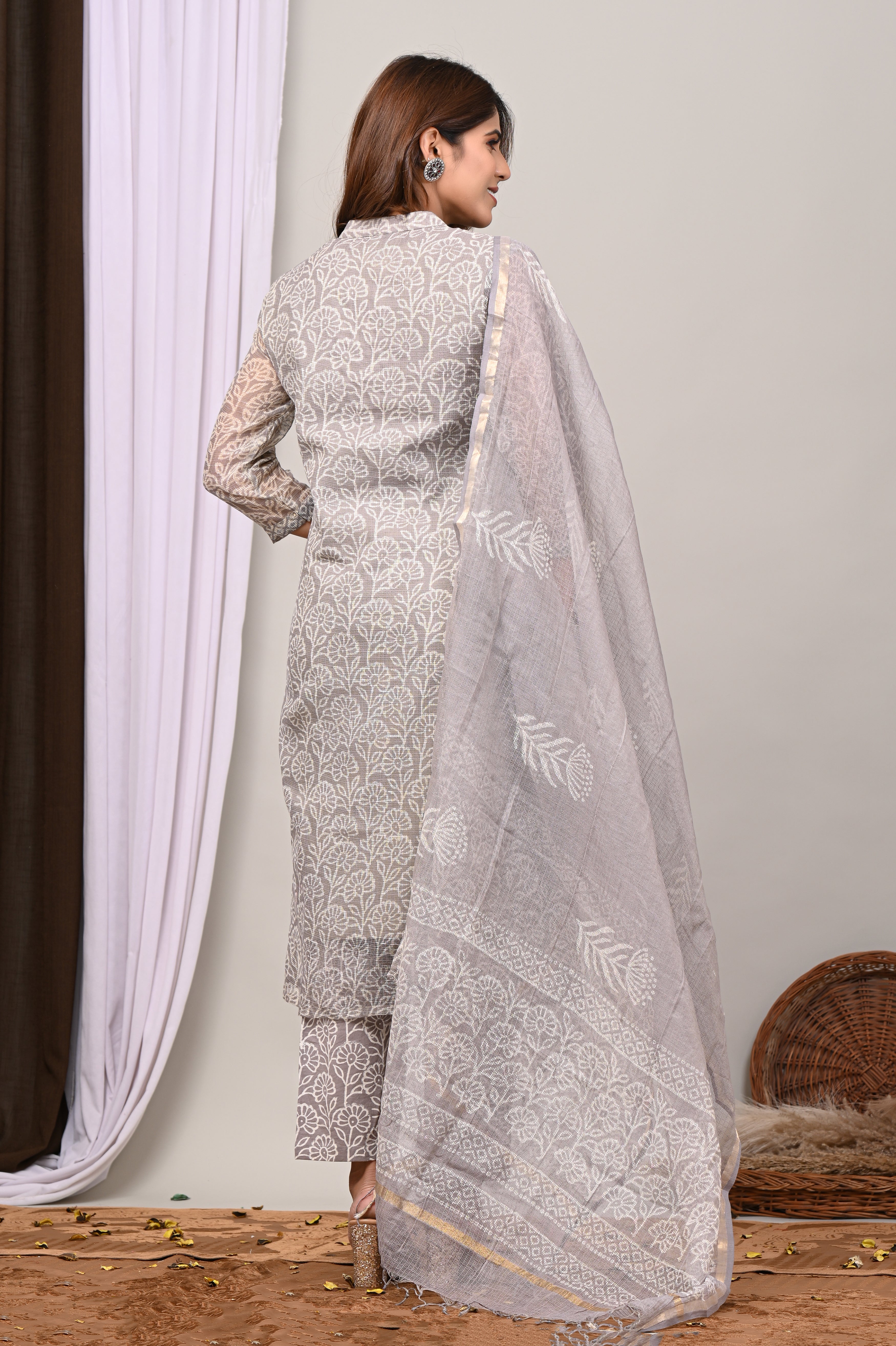 Ash Grey Handblock Printed Kota Doria Set