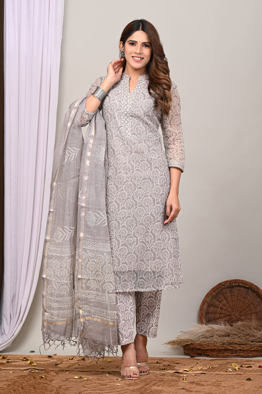 Ash Grey Handblock Printed Kota Doria Set