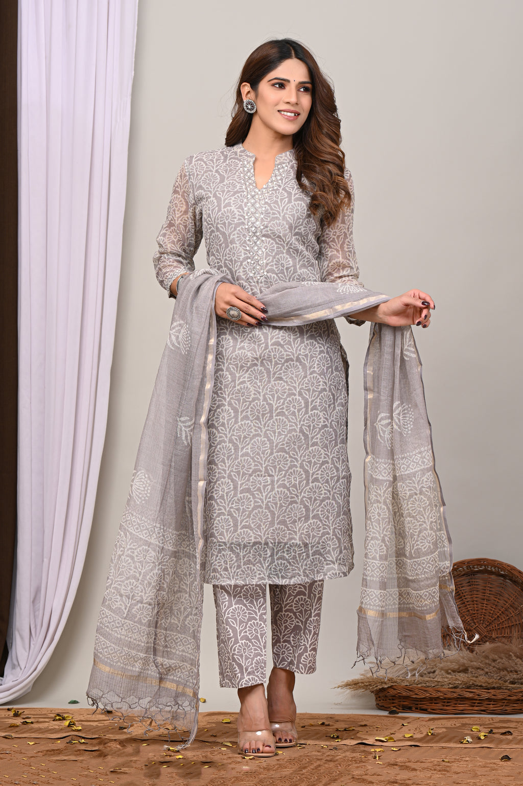 Ash Grey Handblock Printed Kota Doria Set