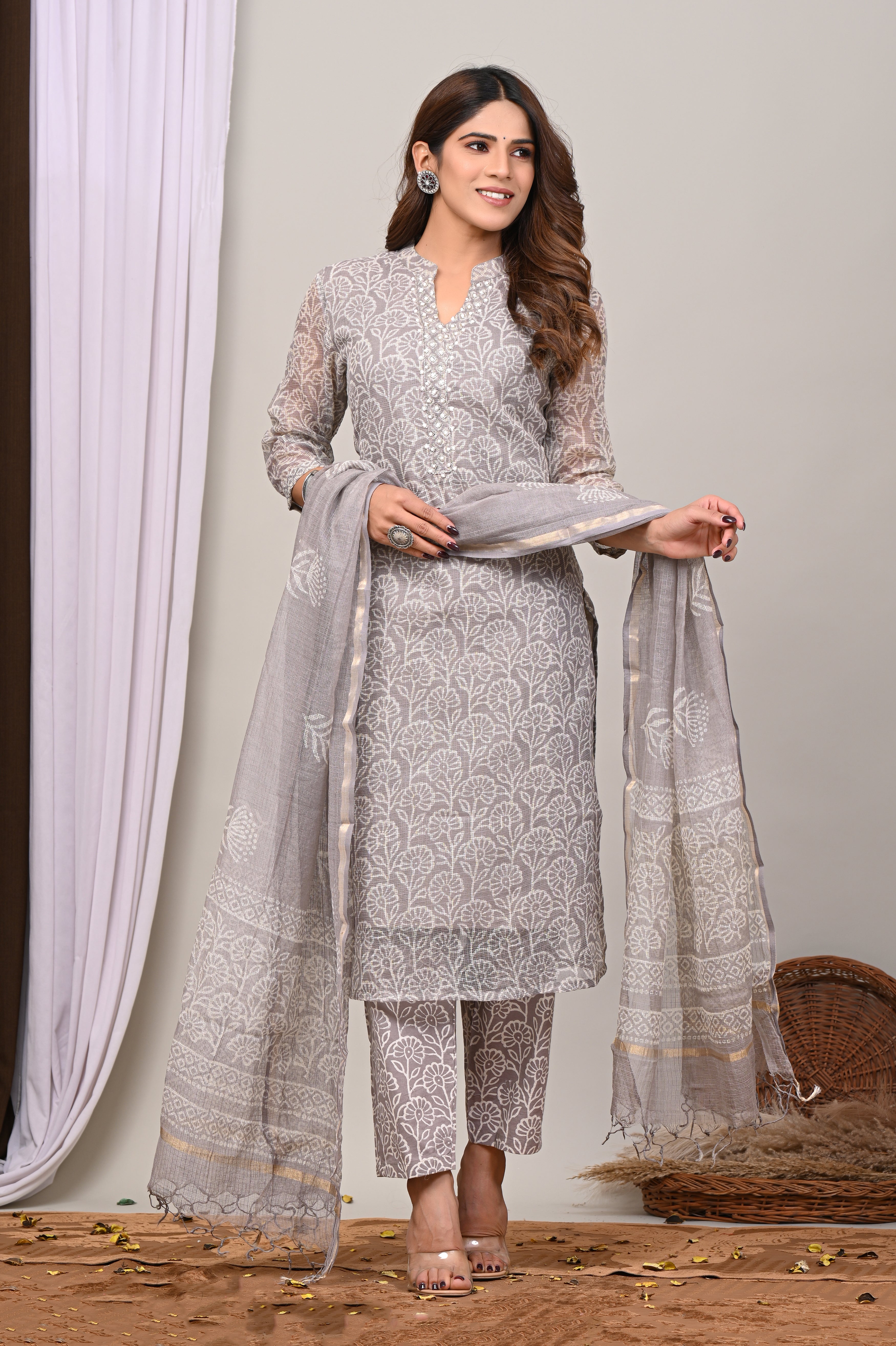 Ash Grey Handblock Printed Kota Doria Set