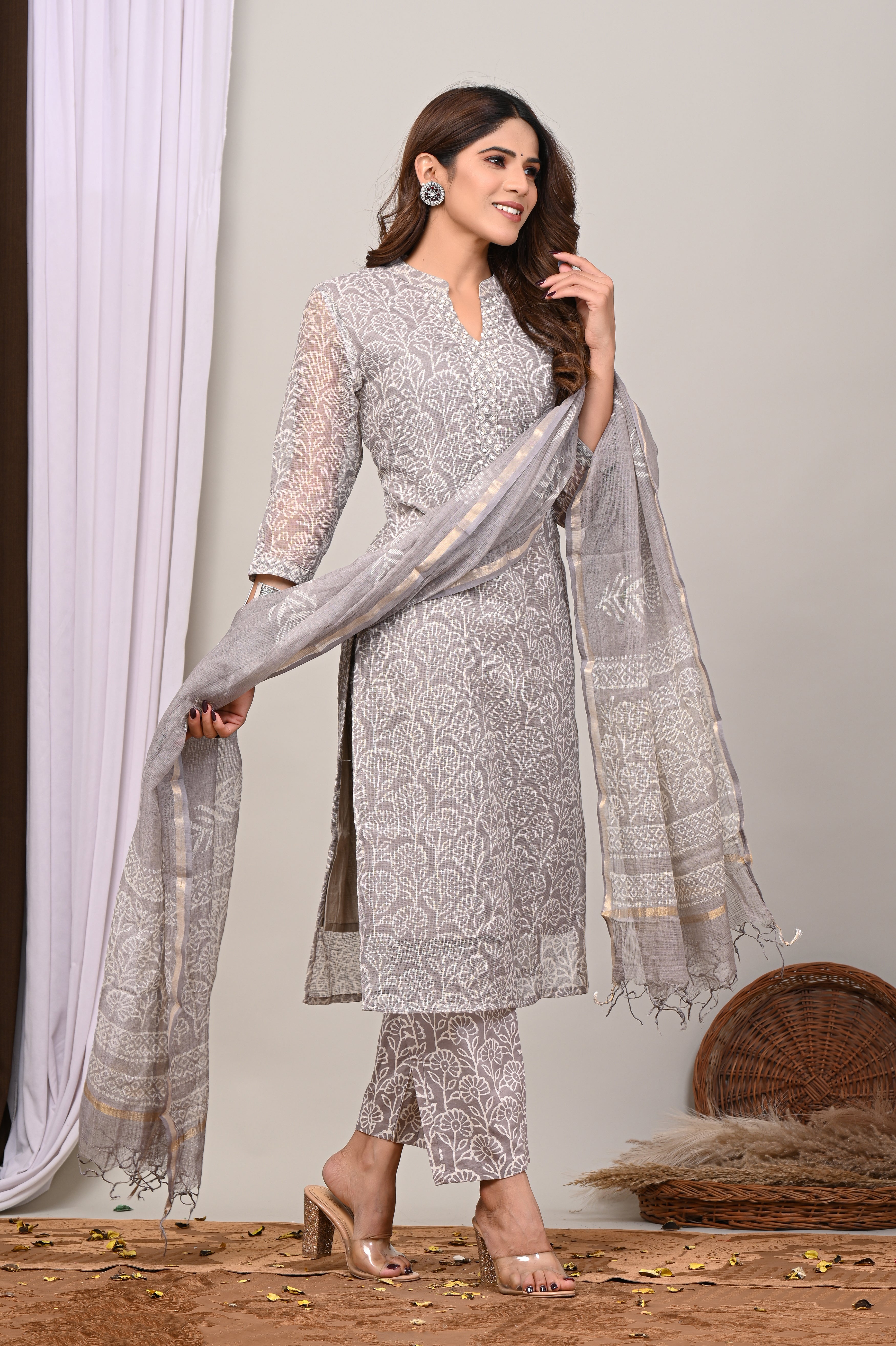 Ash Grey Handblock Printed Kota Doria Set