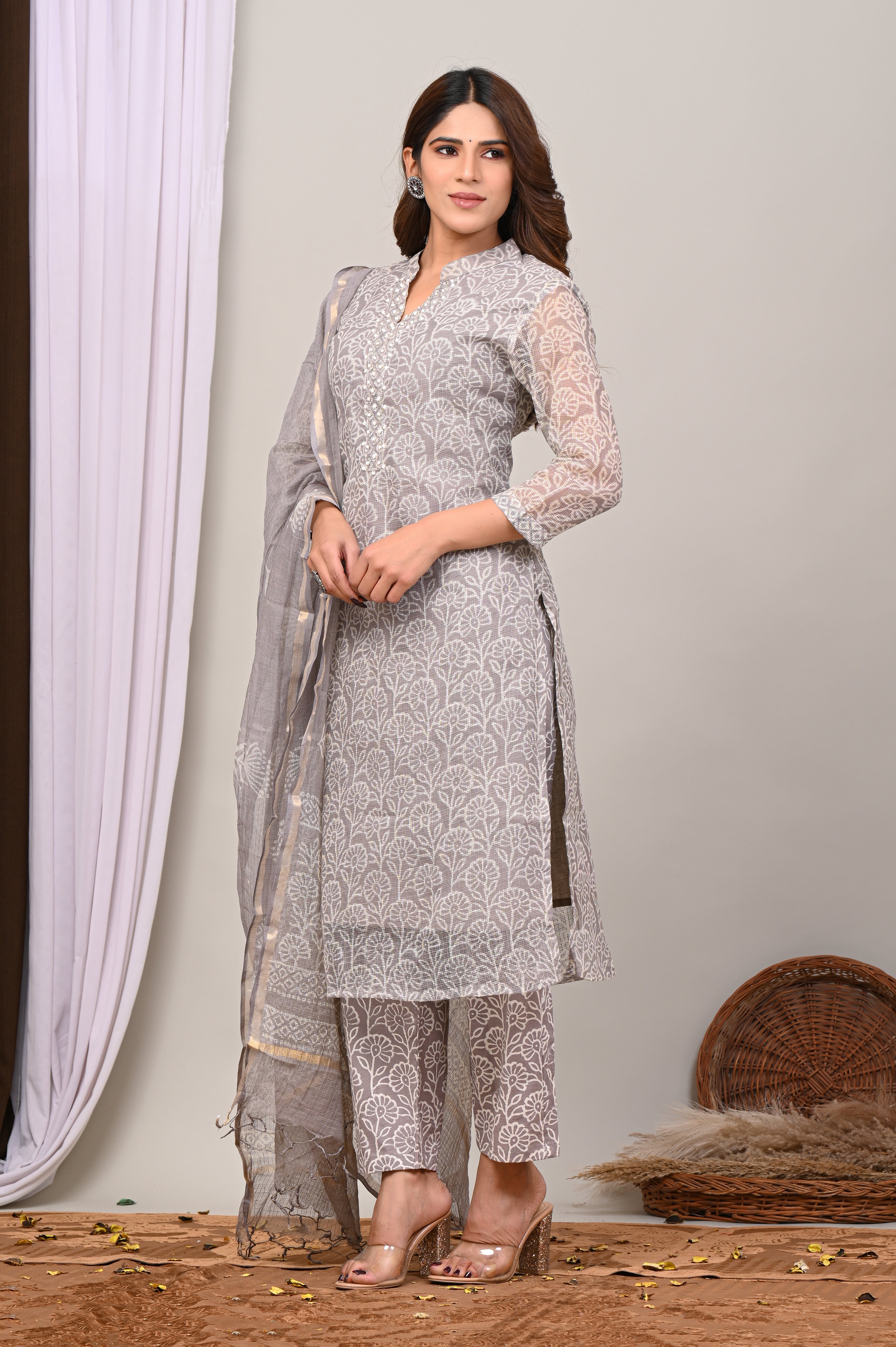 Ash Grey Handblock Printed Kota Doria Set