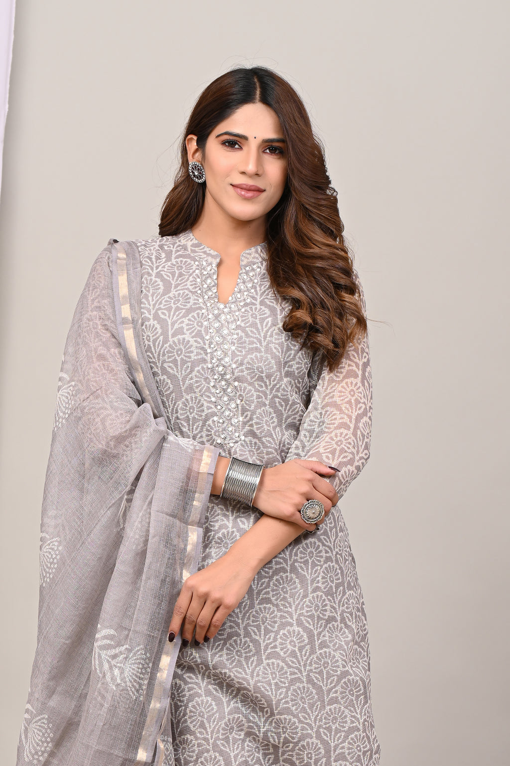 Ash Grey Handblock Printed Kota Doria Set