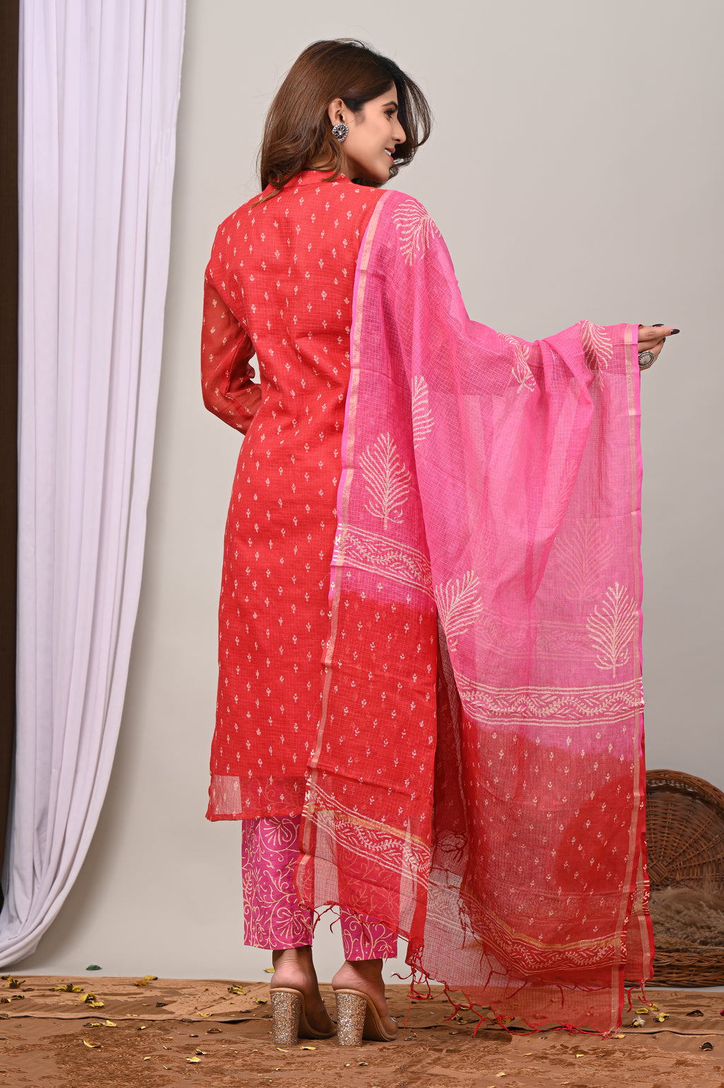 Red Handblock Kota Doria Set with Aari & Sequin Work