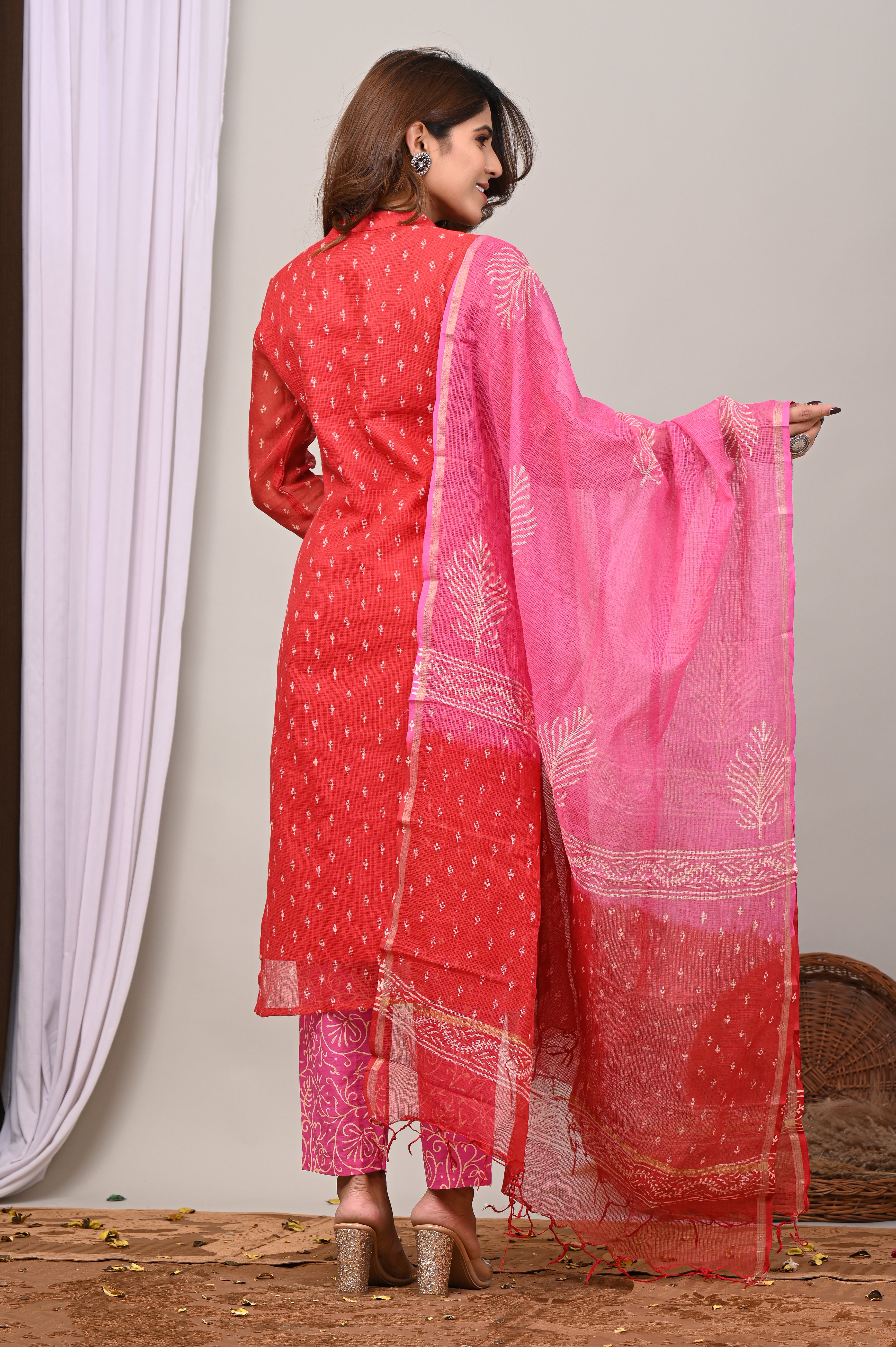 Red Handblock Kota Doria Set with Aari & Sequin Work